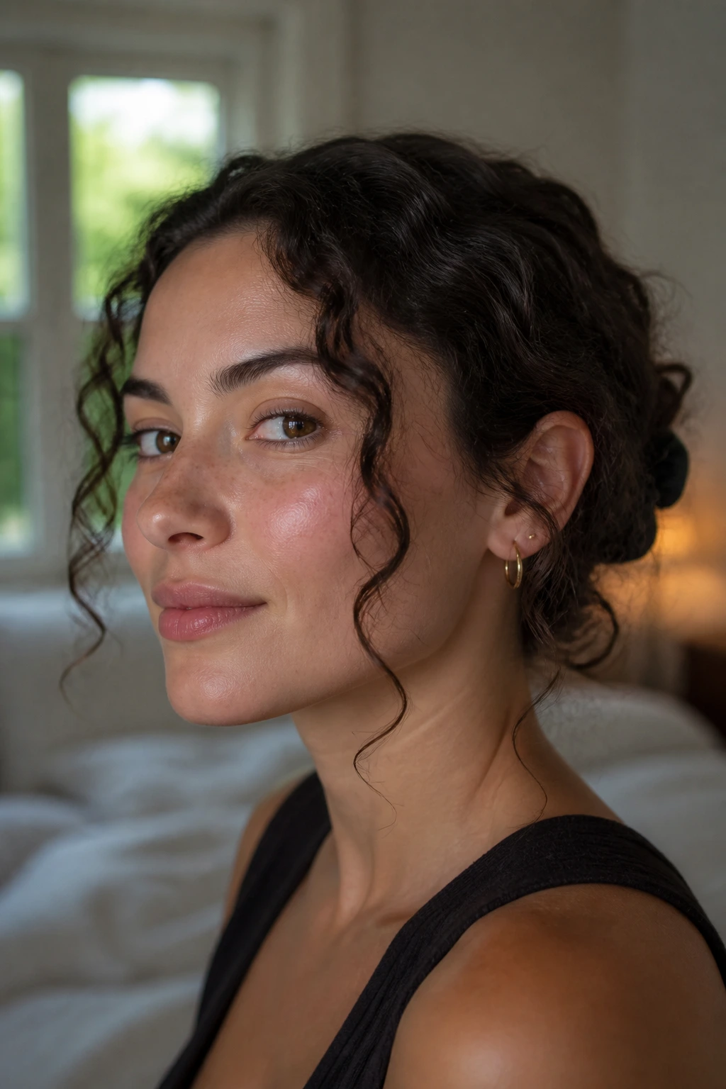 Close-up of a woman with two tendrils framing her face in warm bedroom light.