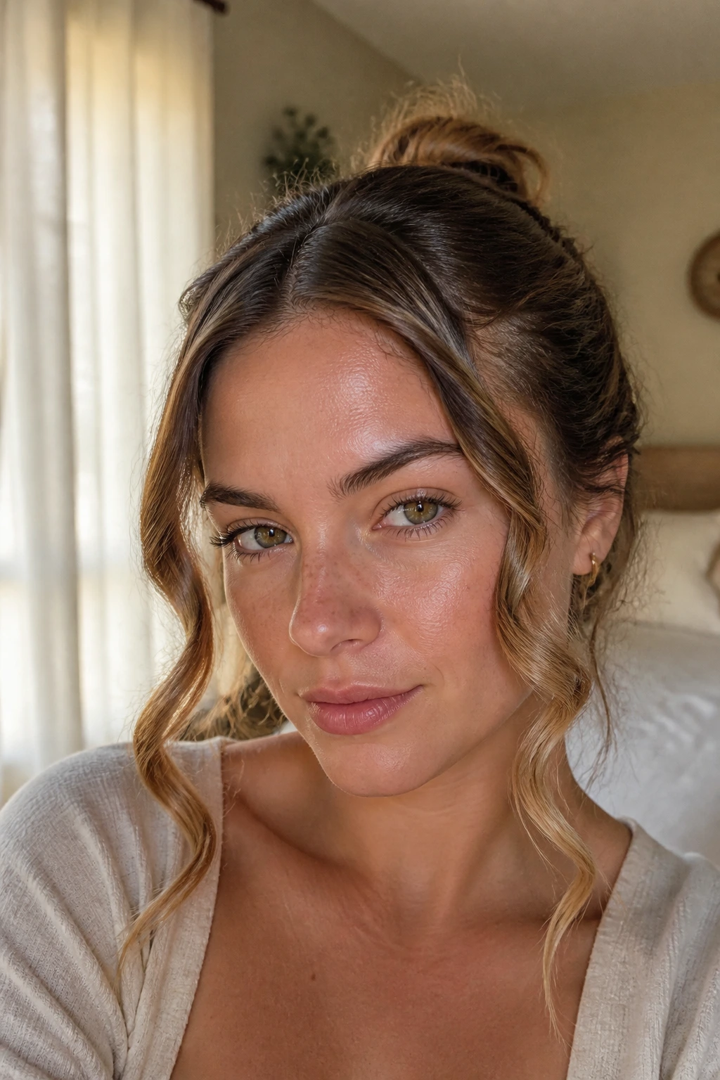 Close-up portrait of a real woman with the classic face-framing twist front curls