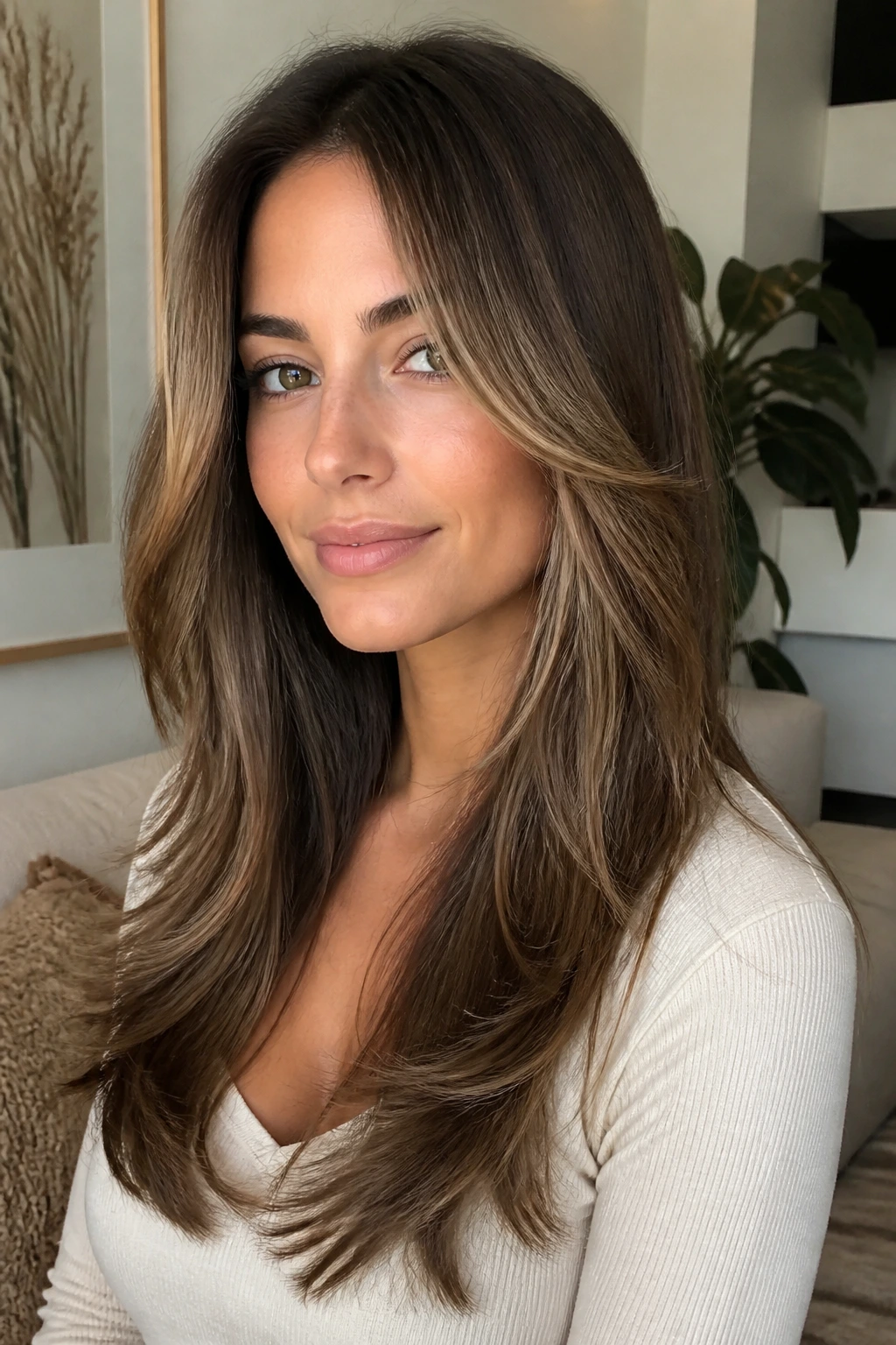 Portrait of a real woman with a face-framing V-cut showing a V-shaped back