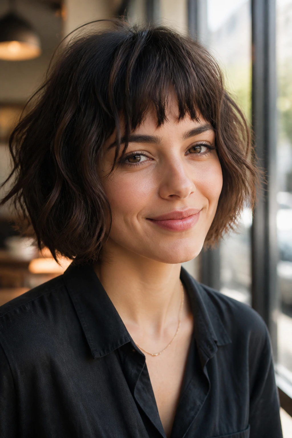Close-up of a real person with choppy bangs suited to their face shape