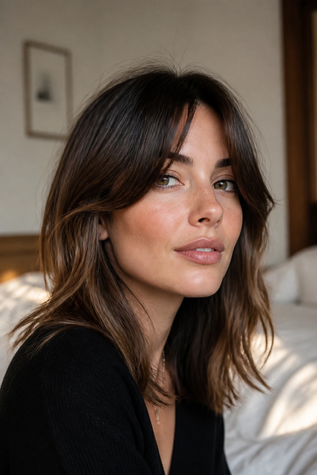 Close-up portrait of a woman with long bangs framing her face