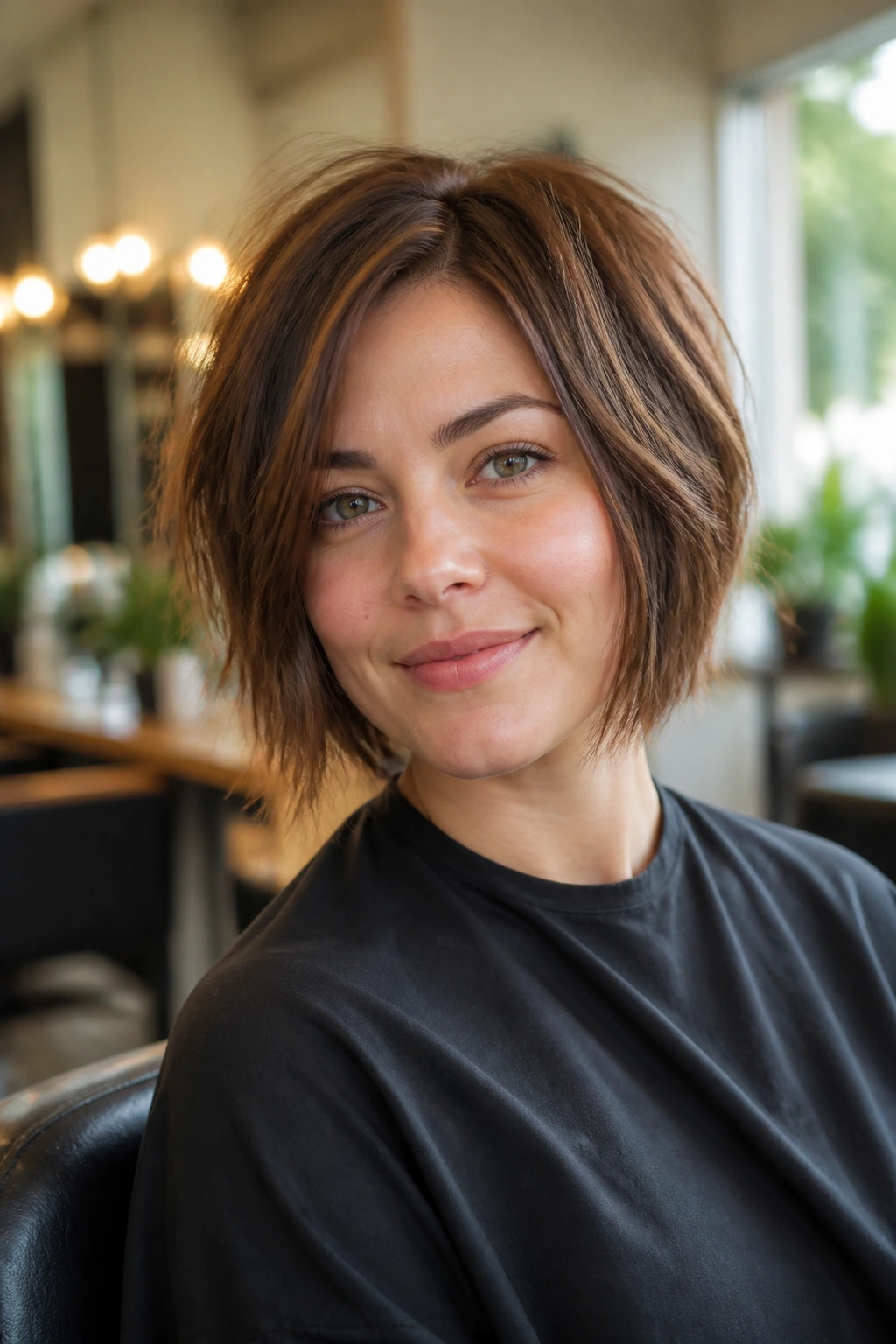 Portrait of a real person in a salon chair wearing a face-framing choppy cut