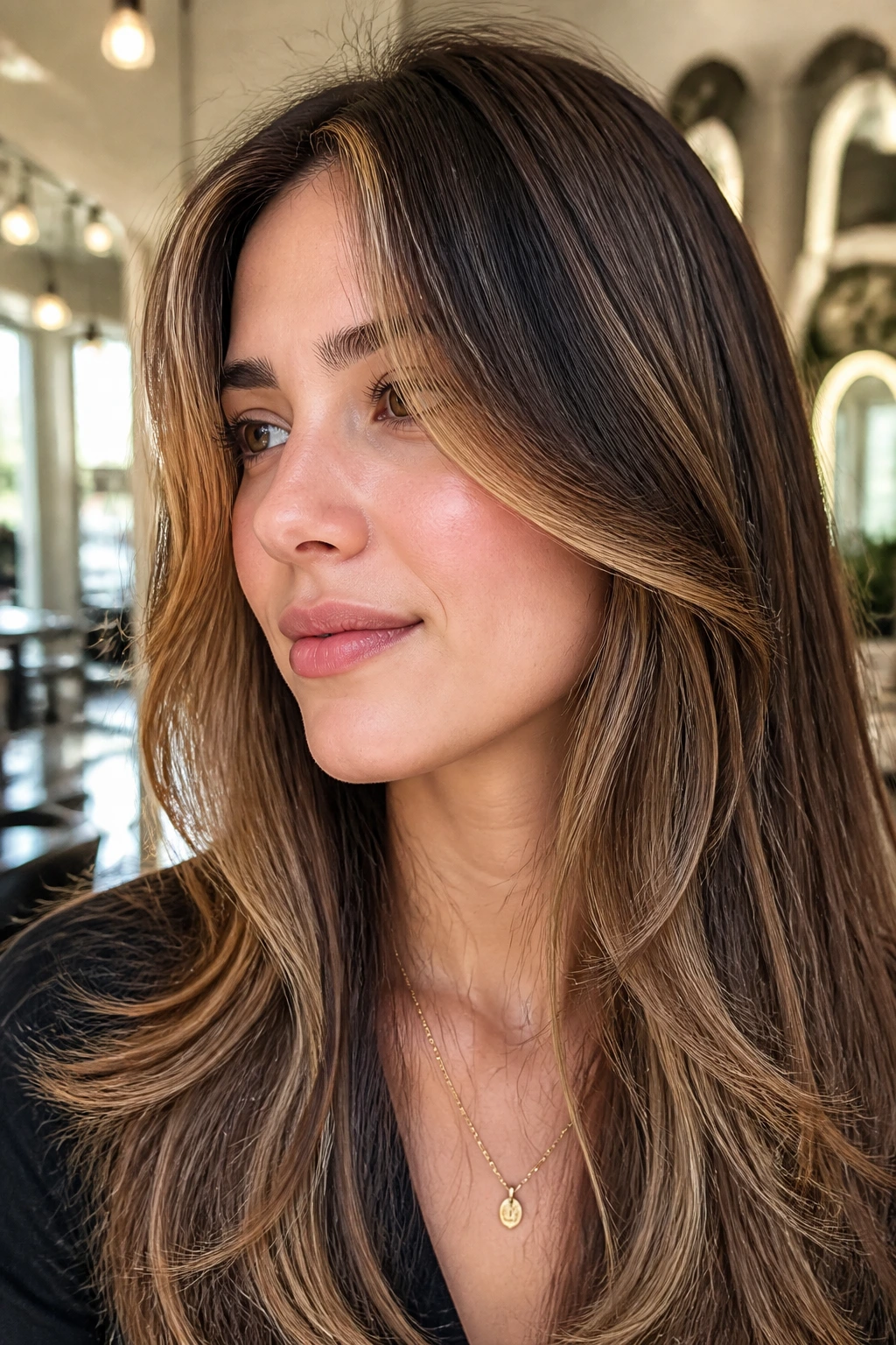 Close-up of a face shape highlighted by soft lighting and hair framing.