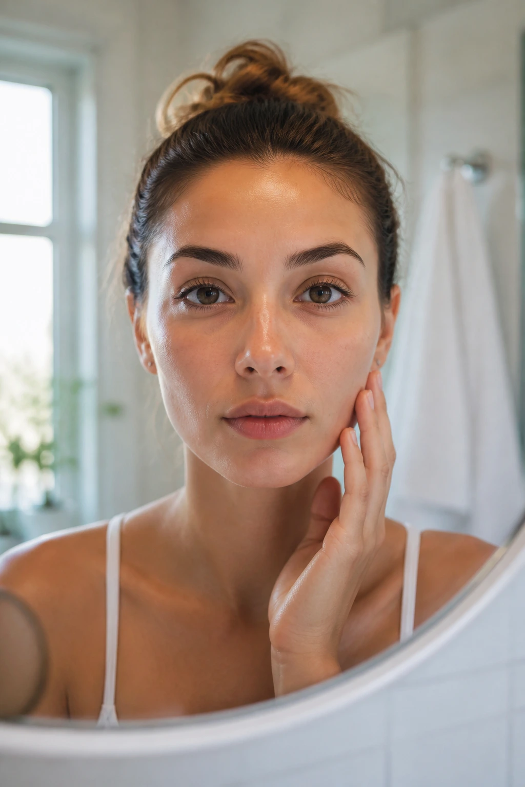 Close-up portrait showing facial shape in bright bathroom lighting