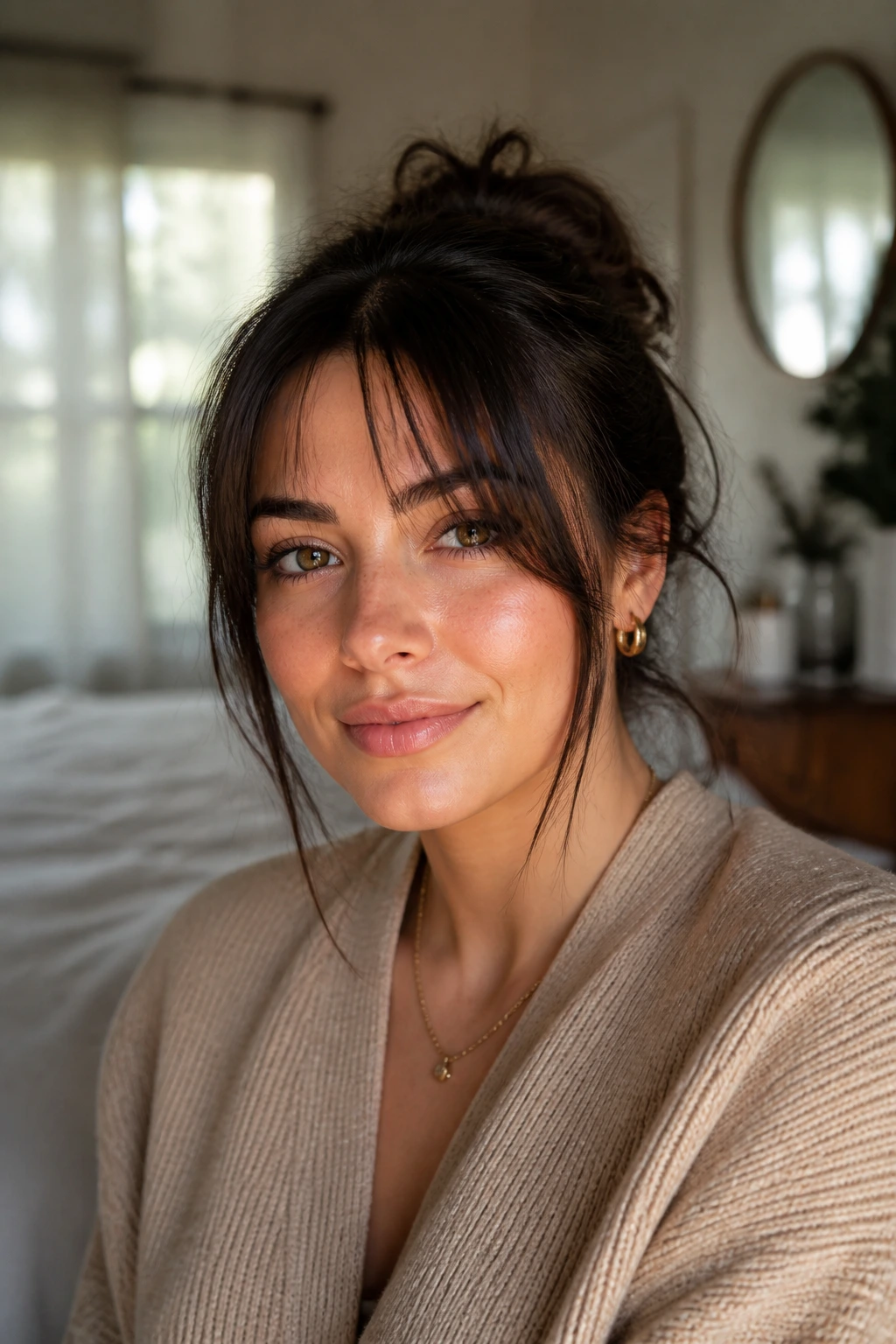 Close-up portrait showing front hair framing the face with soft styling