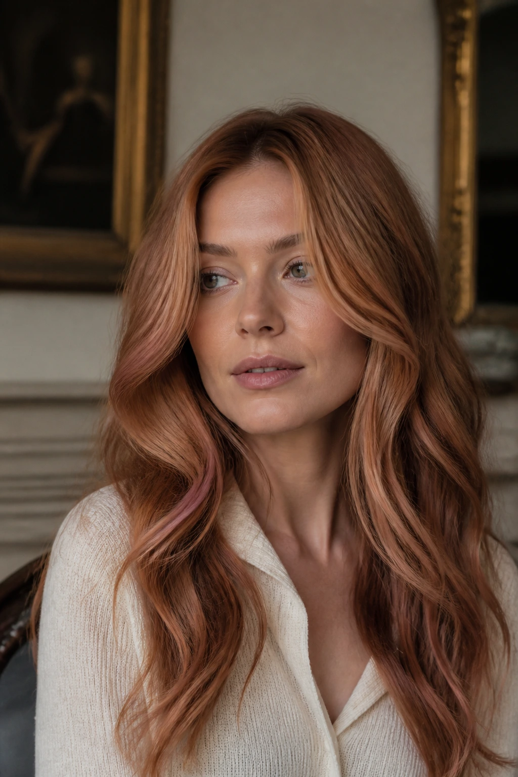 Real person with faded dusty copper color for old-money vibe.
