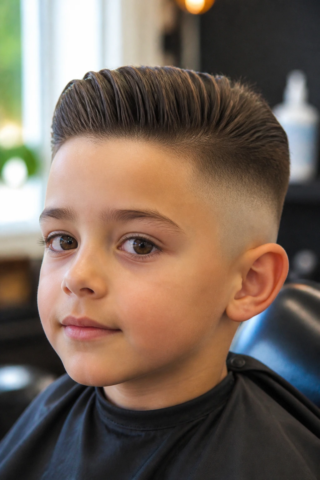 Close-up of a real child with a faded pompadour haircut in a bright salon