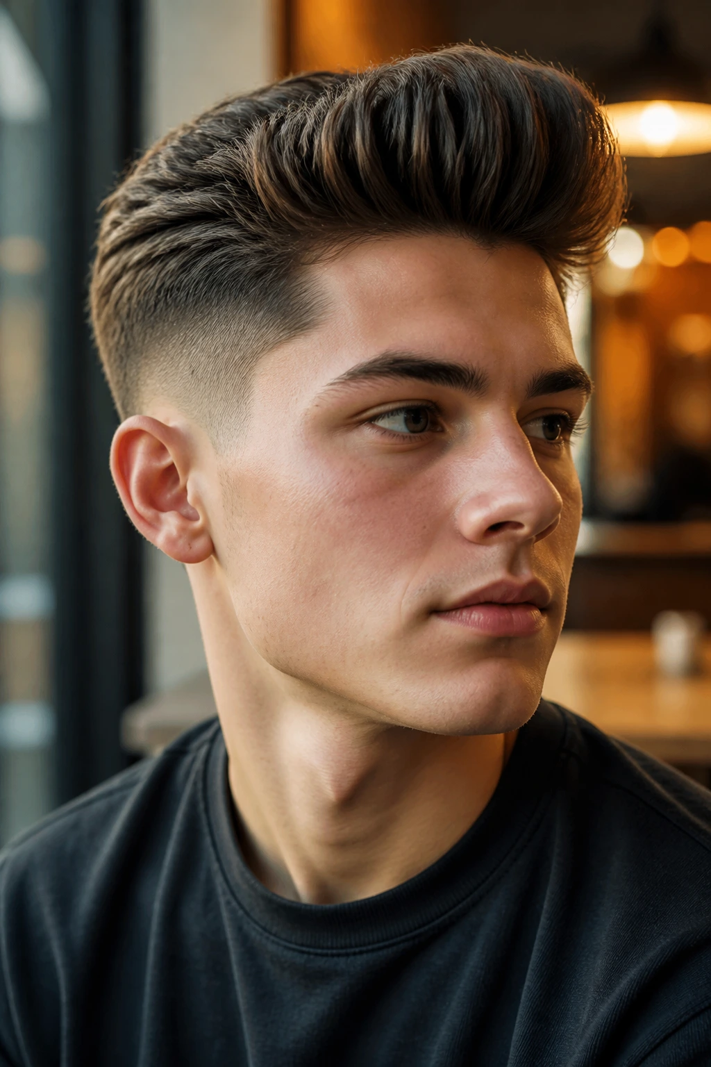 Close-up portrait of real person with faded quiff and side fade