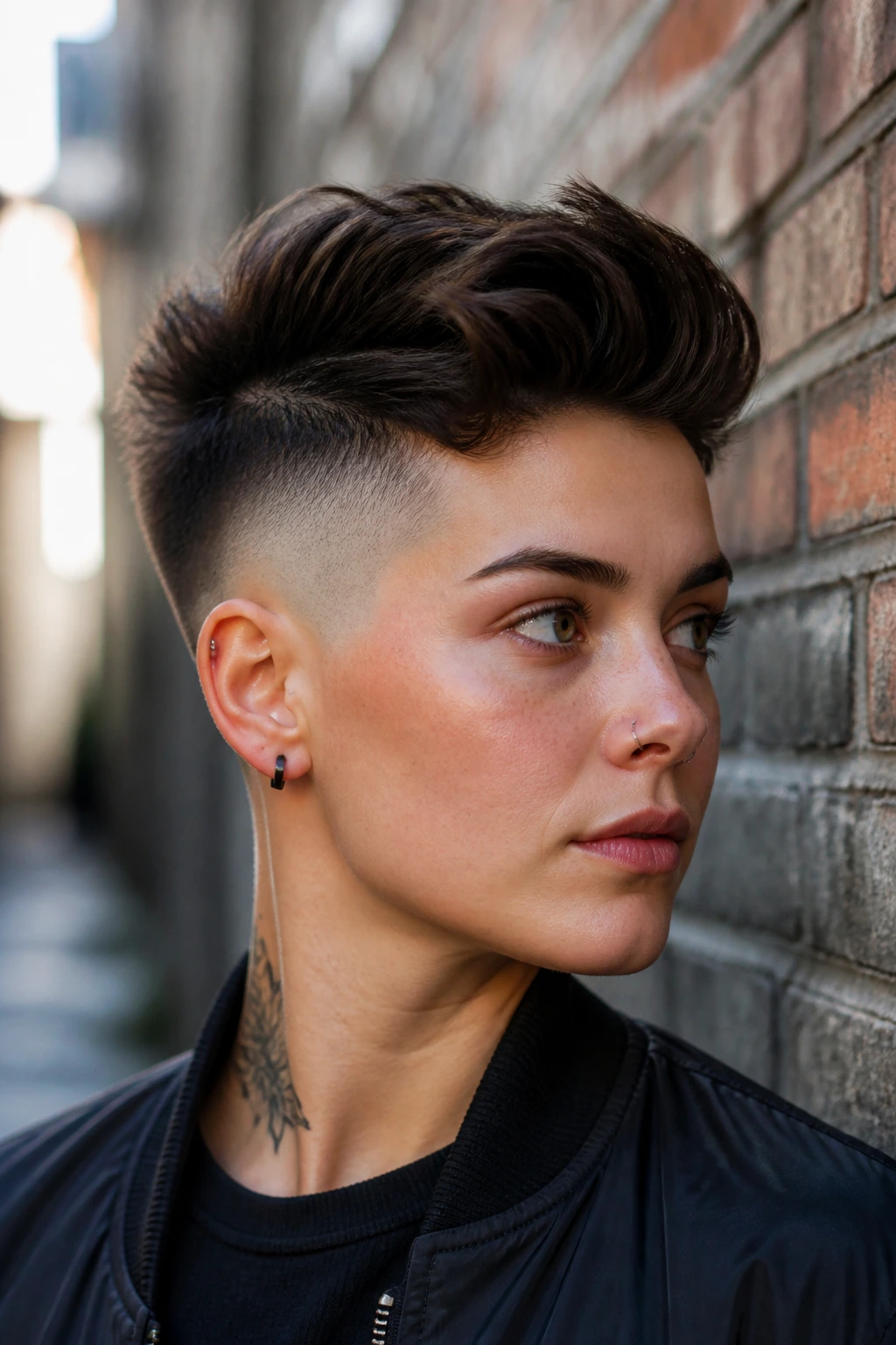 Close-up of a real person with a faded undercut pixie against brick wall