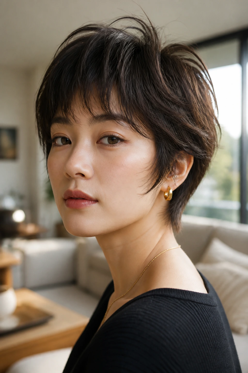 Portrait of real person with personalized Fairy Cut showing feathered temple edges