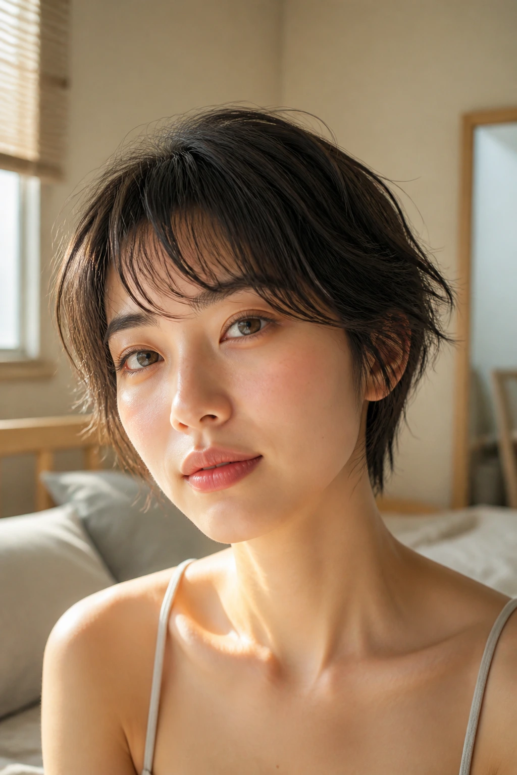 Close-up of real Asian woman with wispy Fairy Cut under warm window light