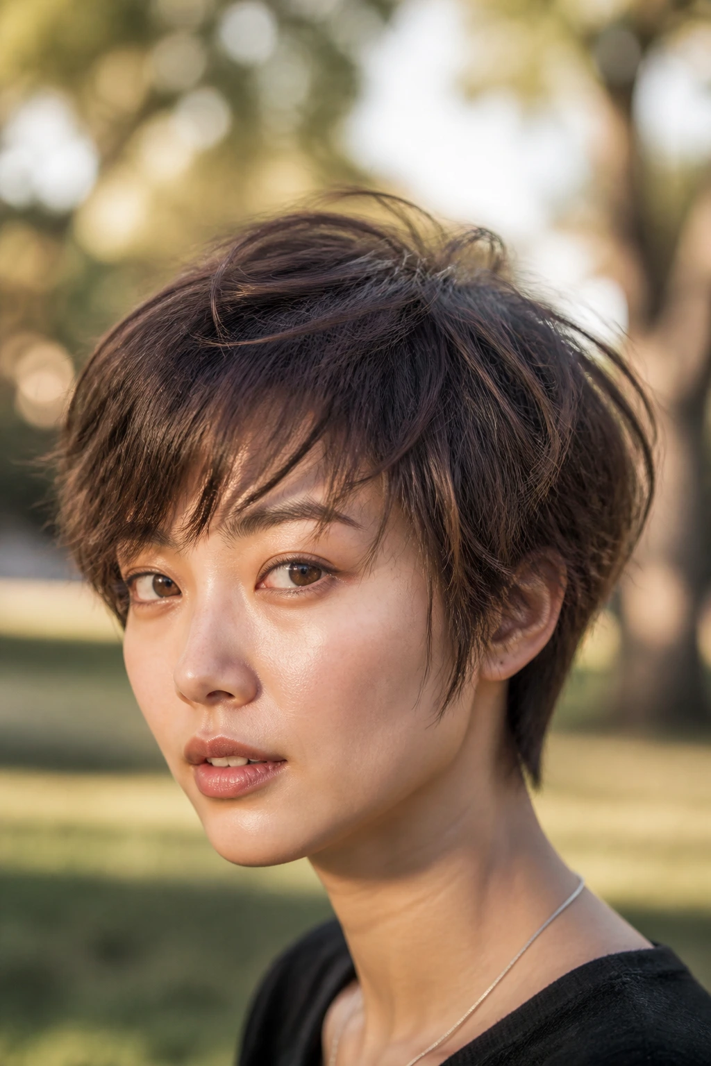 Portrait of real person with matte textured Fairy Cut in golden hour light