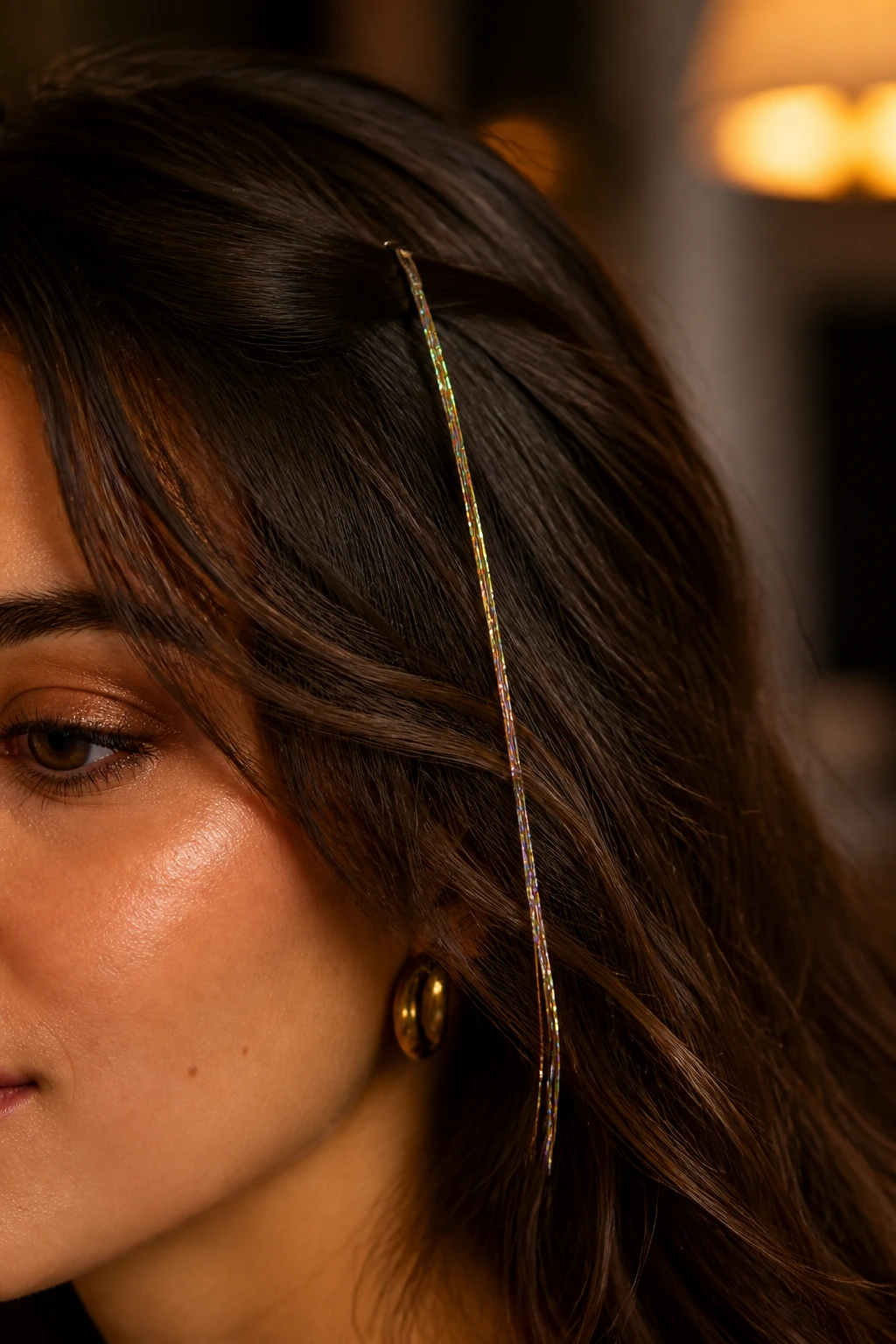 Close-up of a real woman with a fairy hair tinsel near the root in warm lighting