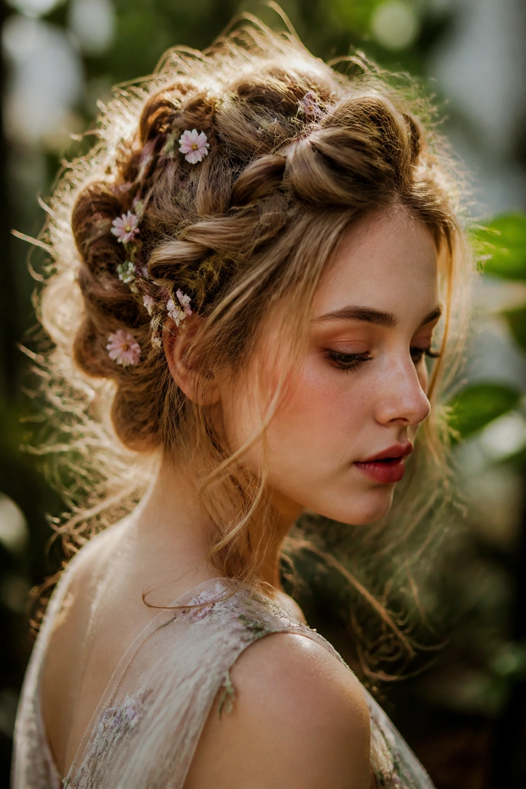 Close-up of The Ethereal Fairy Tangle on a real person with knots, twists, and small flowers.