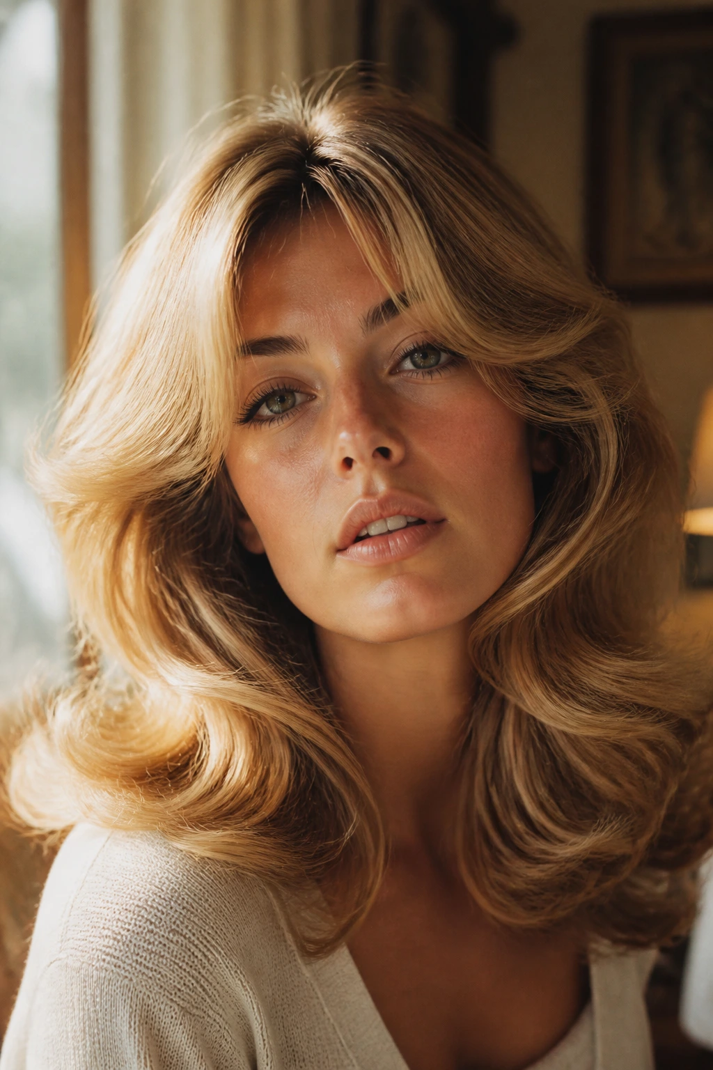 Portrait of a woman with Farrah-inspired wisps and voluminous bangs
