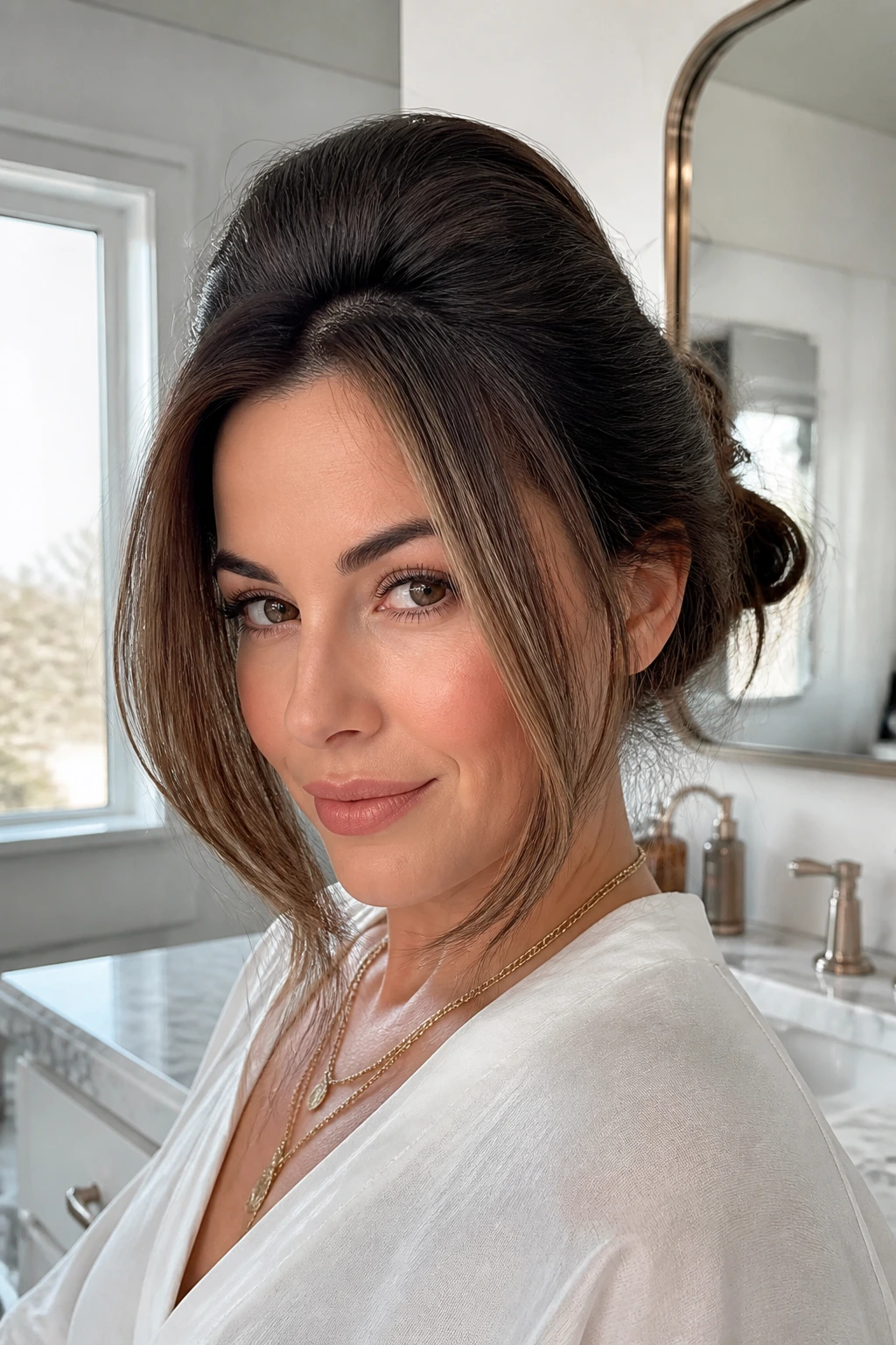 Close-up of a real woman with polished front pieces for a faux blowout