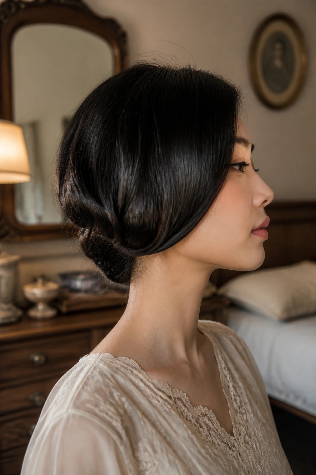 Profile portrait of woman with sleek 1930s faux bob.