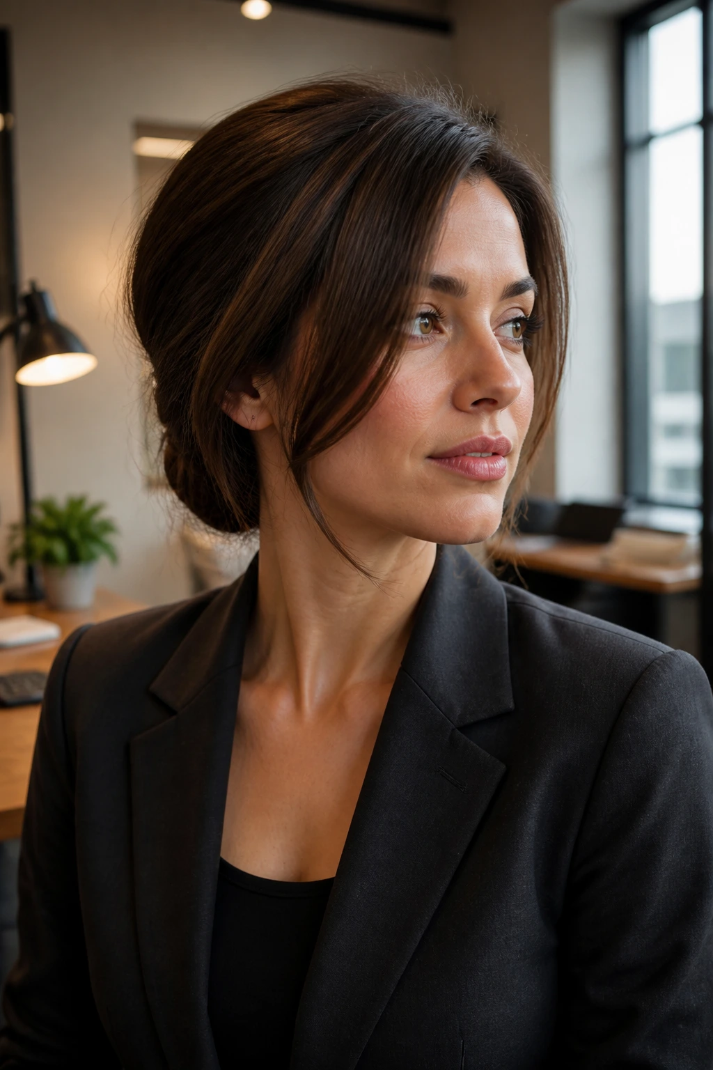Portrait of a woman with a faux-bob hairstyle in a blazer in an office