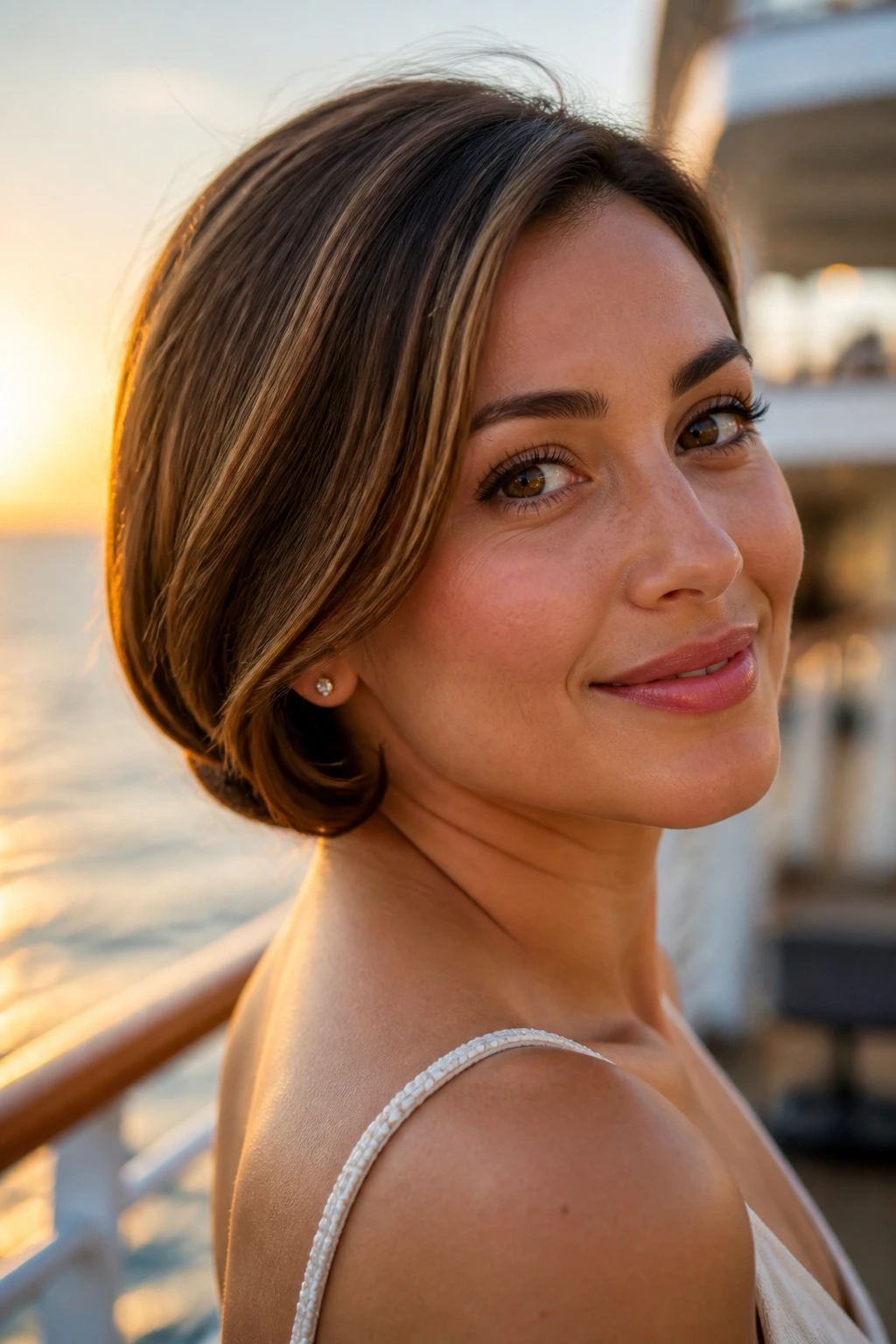Close-up of a woman with a tucked-under faux bob on a cruise deck at sunset.