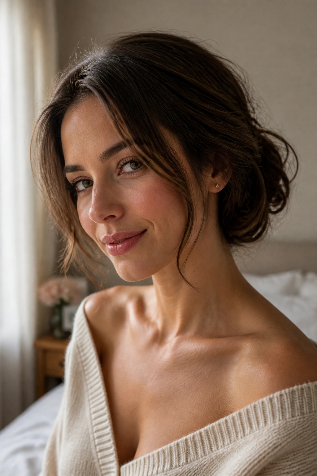 Close-up of a real woman showing a messy tucked-in faux bob at the nape with soft waves