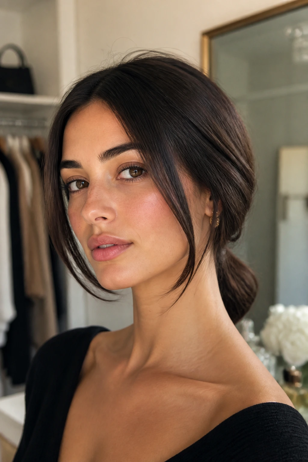 Portrait of a woman with a faux bob illusion.