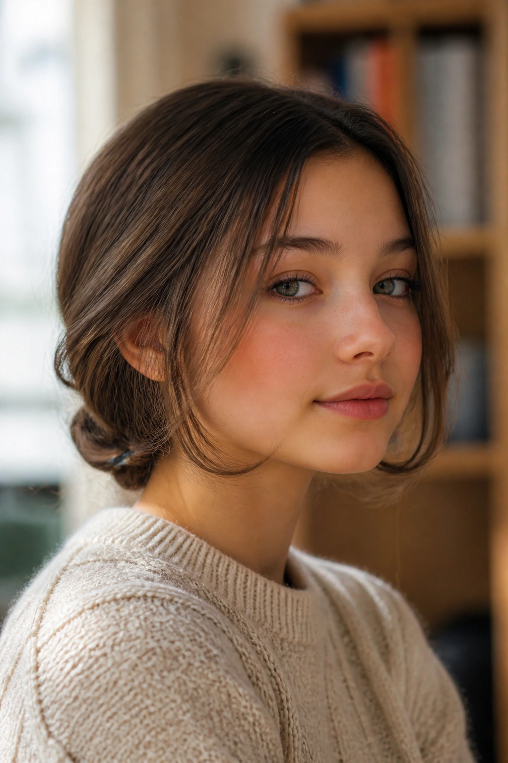Close-up of faux bob hairstyle on a real student with hair tucked under to resemble a short bob.
