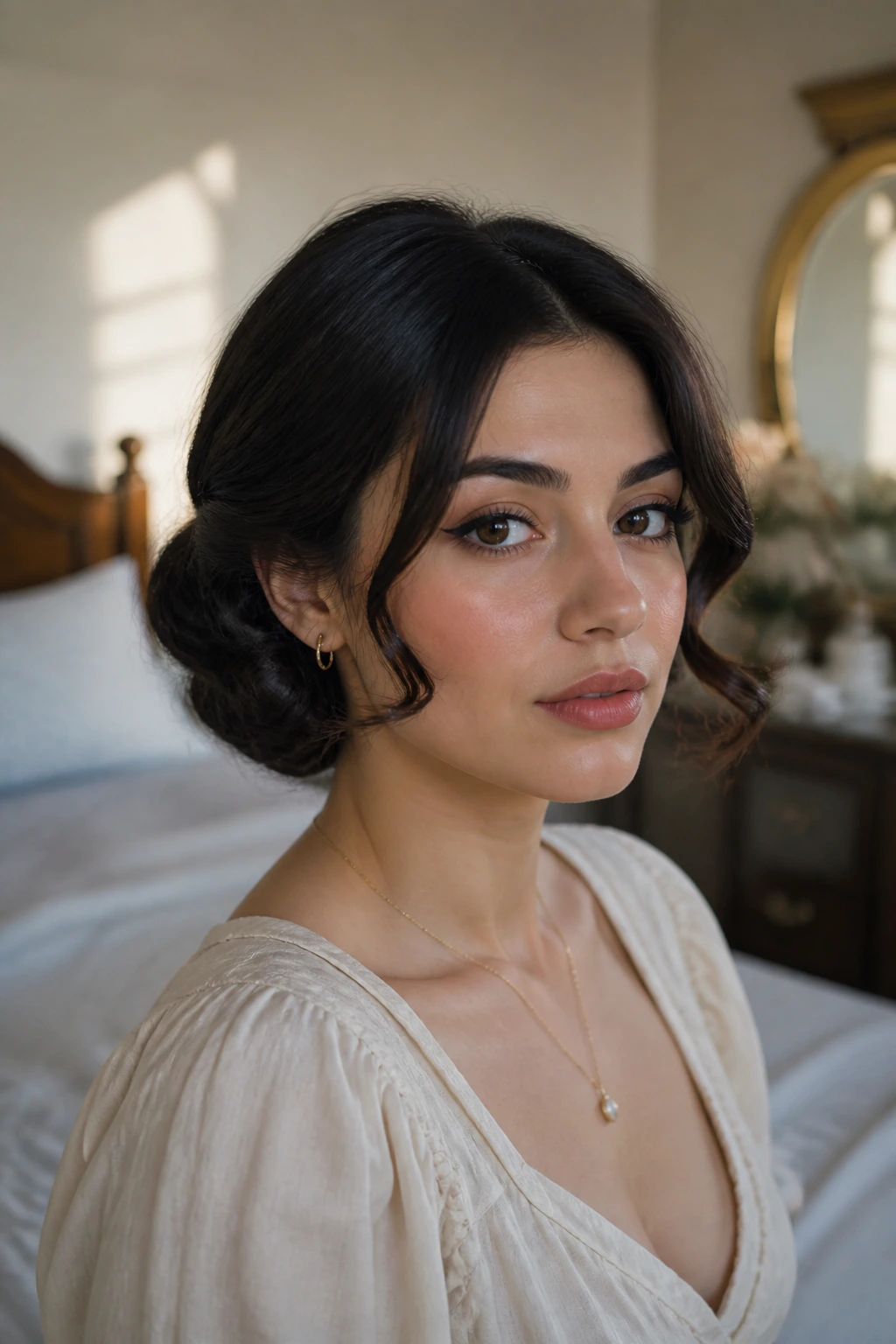 Close-up portrait of a real person with a faux bob hairstyle in soft window light