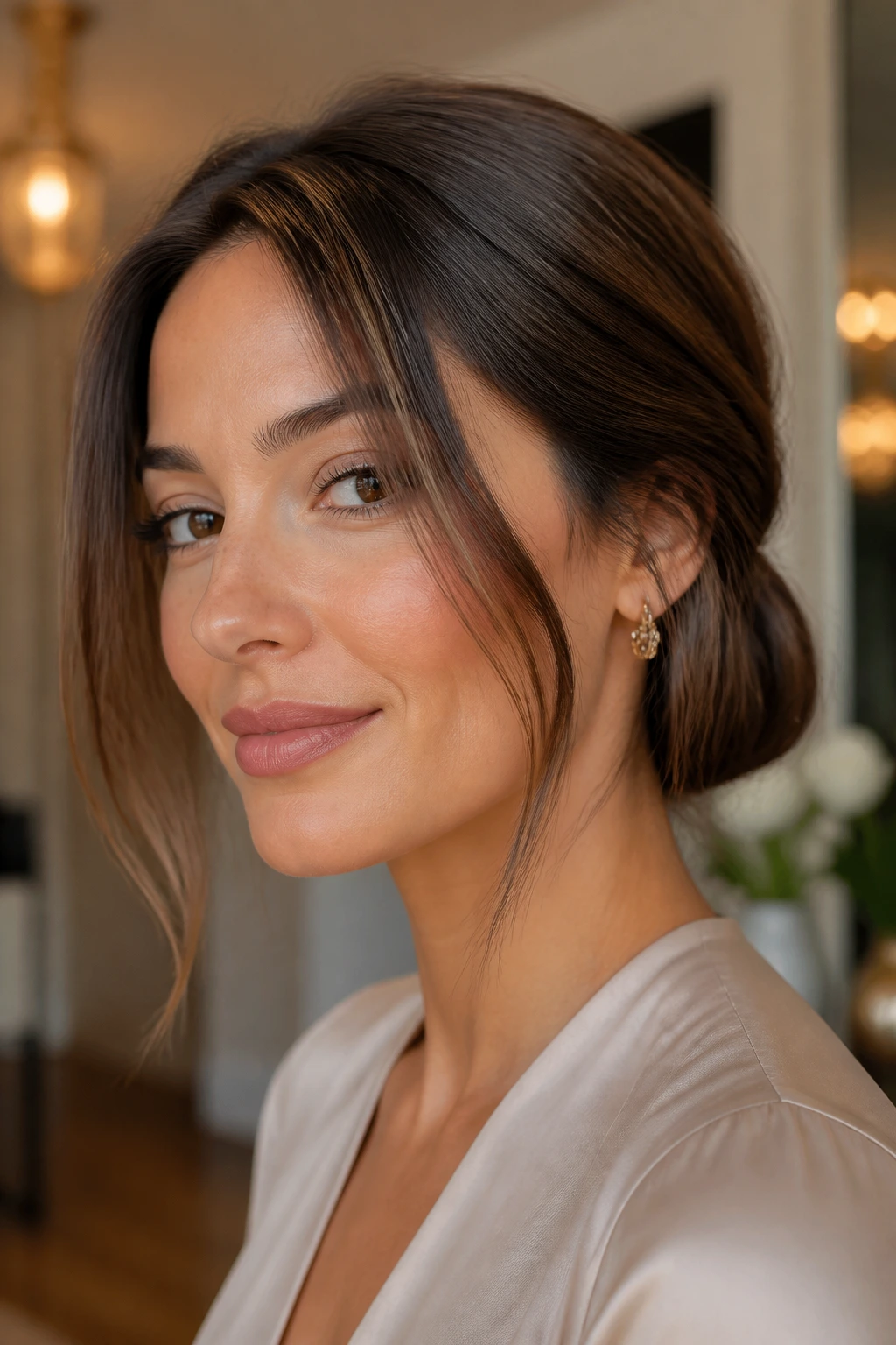 Real woman with faux bob illusion showing tucked ends at nape