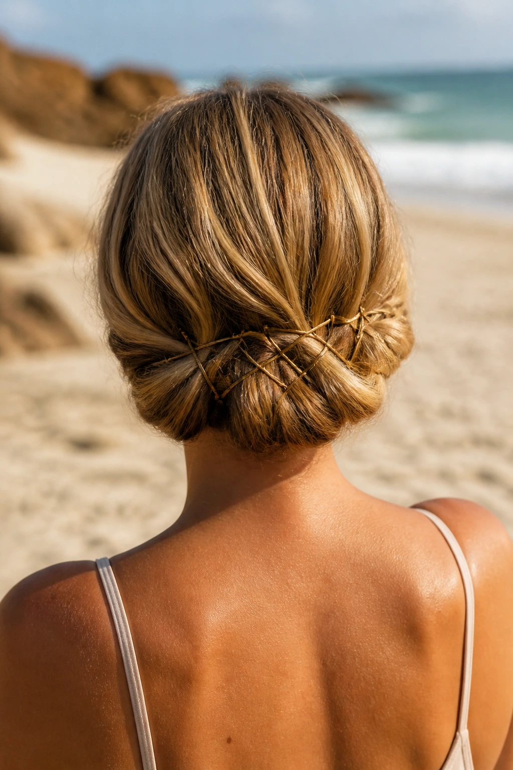 Back of head showing criss-cross bobby pins on a faux bob at the beach