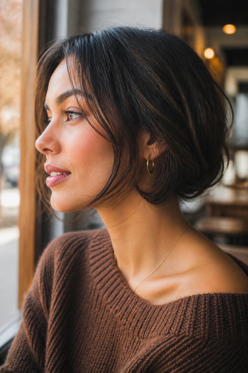 Close-up of a real woman showing a faux bob at the nape for a chin-length look