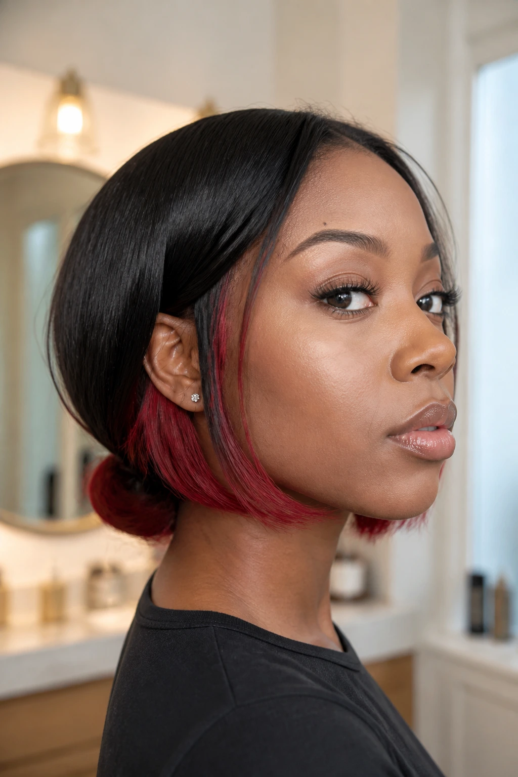 Portrait of a real woman with a faux bob and red ends peeking from under the nape.