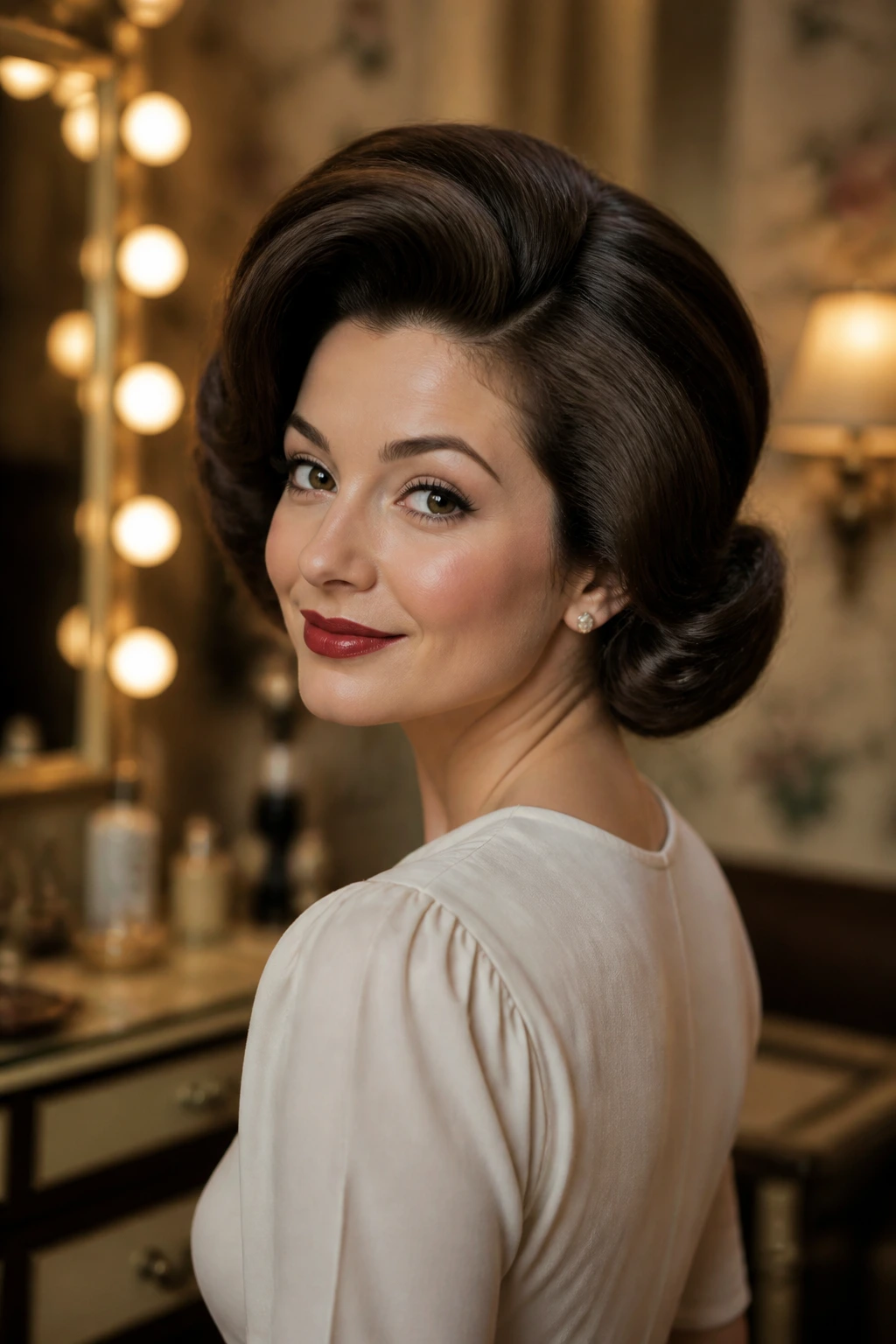 Close-up portrait of a real woman with retro voluminous faux bob