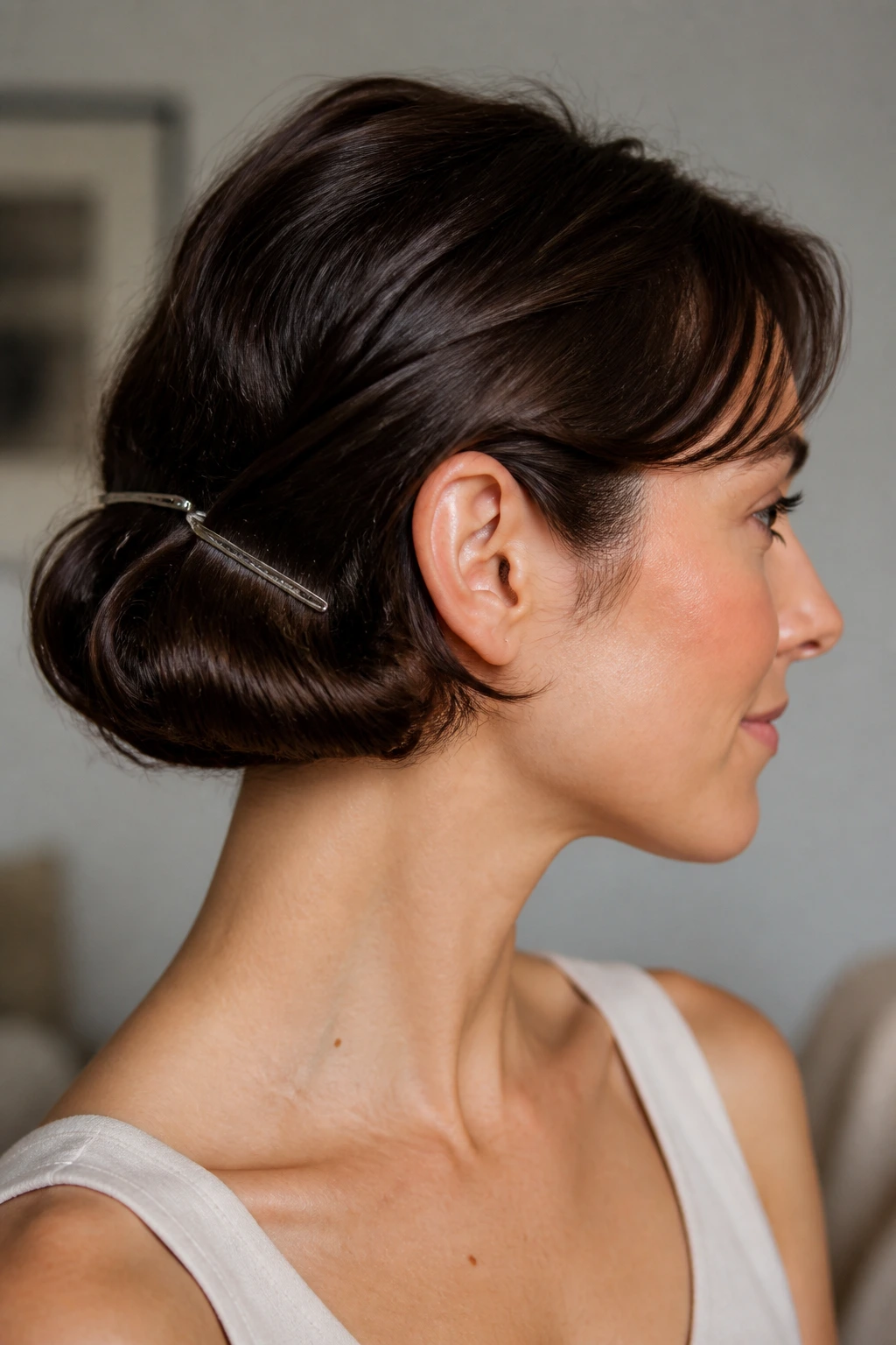 Profile shot of a real person showing a pinned-under faux bob at the nape.
