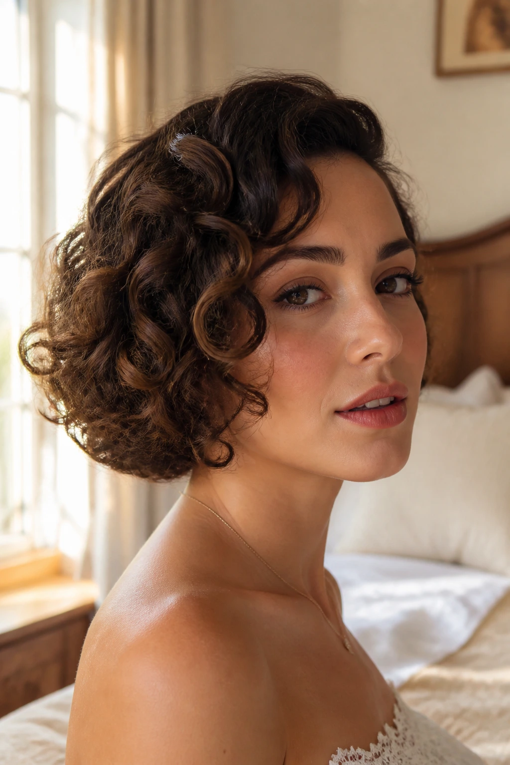 Close-up of a woman with a faux-bob silhouette created by tucking curls at the nape.