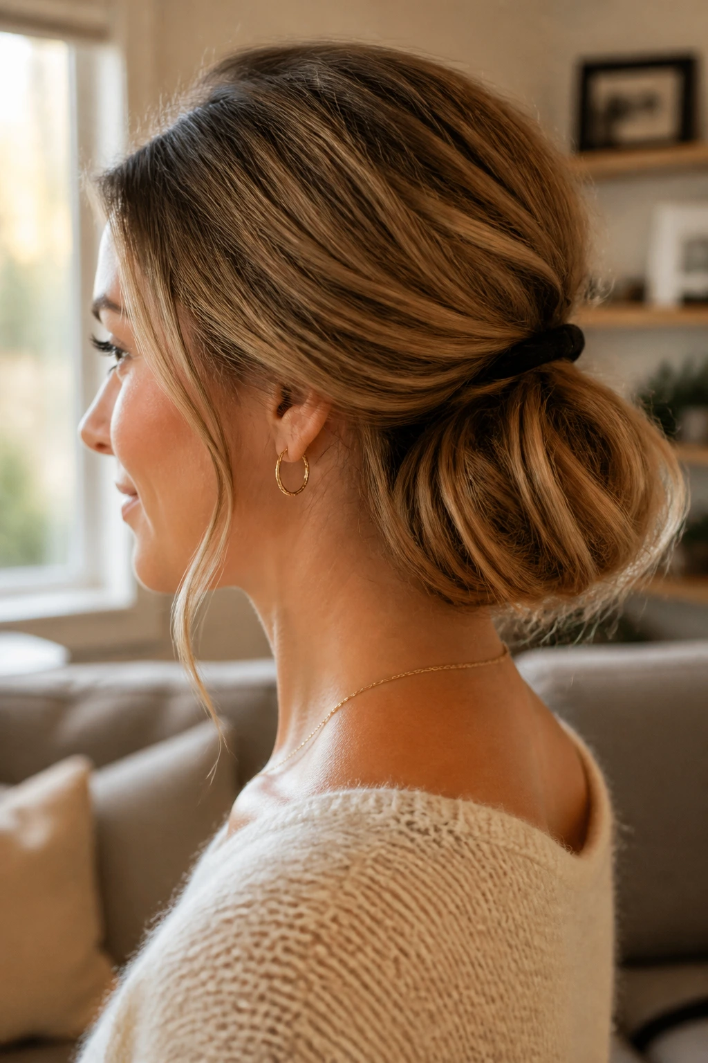 Close-up of a real woman with a faux-bob tuck created by tucking ends under a hair tie