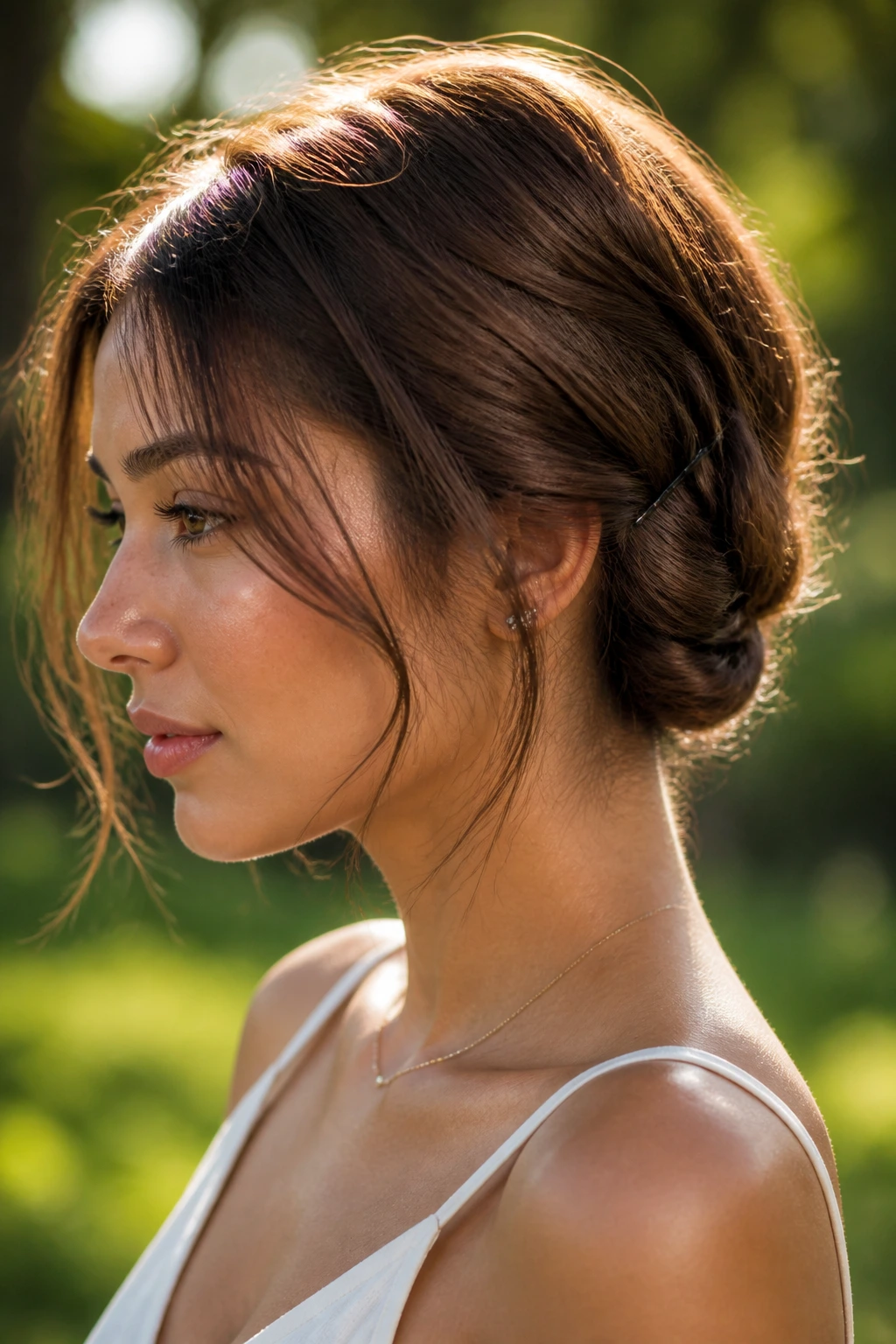 Close-up of a real woman with hair tucked at the nape to resemble a bob