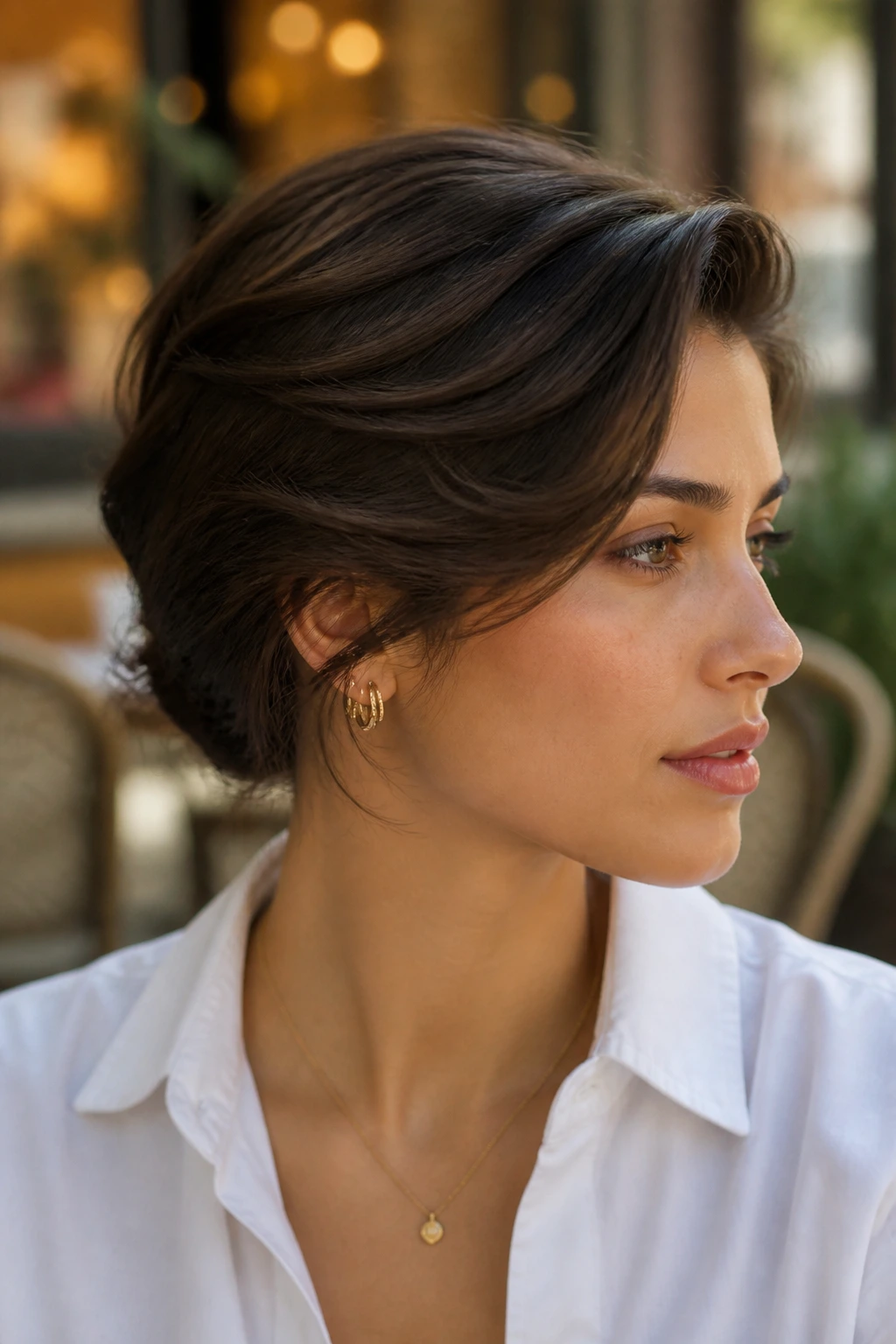 Close-up portrait of a real woman with a faux bob tuck hairstyle