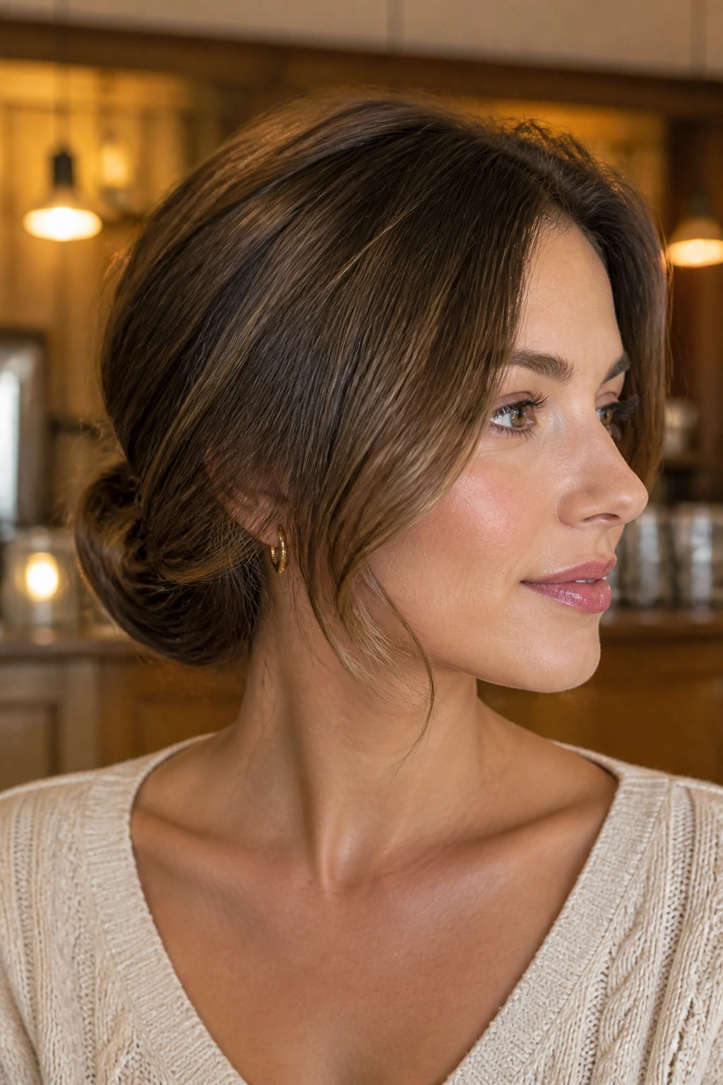 Close-up of real person showing tucked-under faux bob at the nape