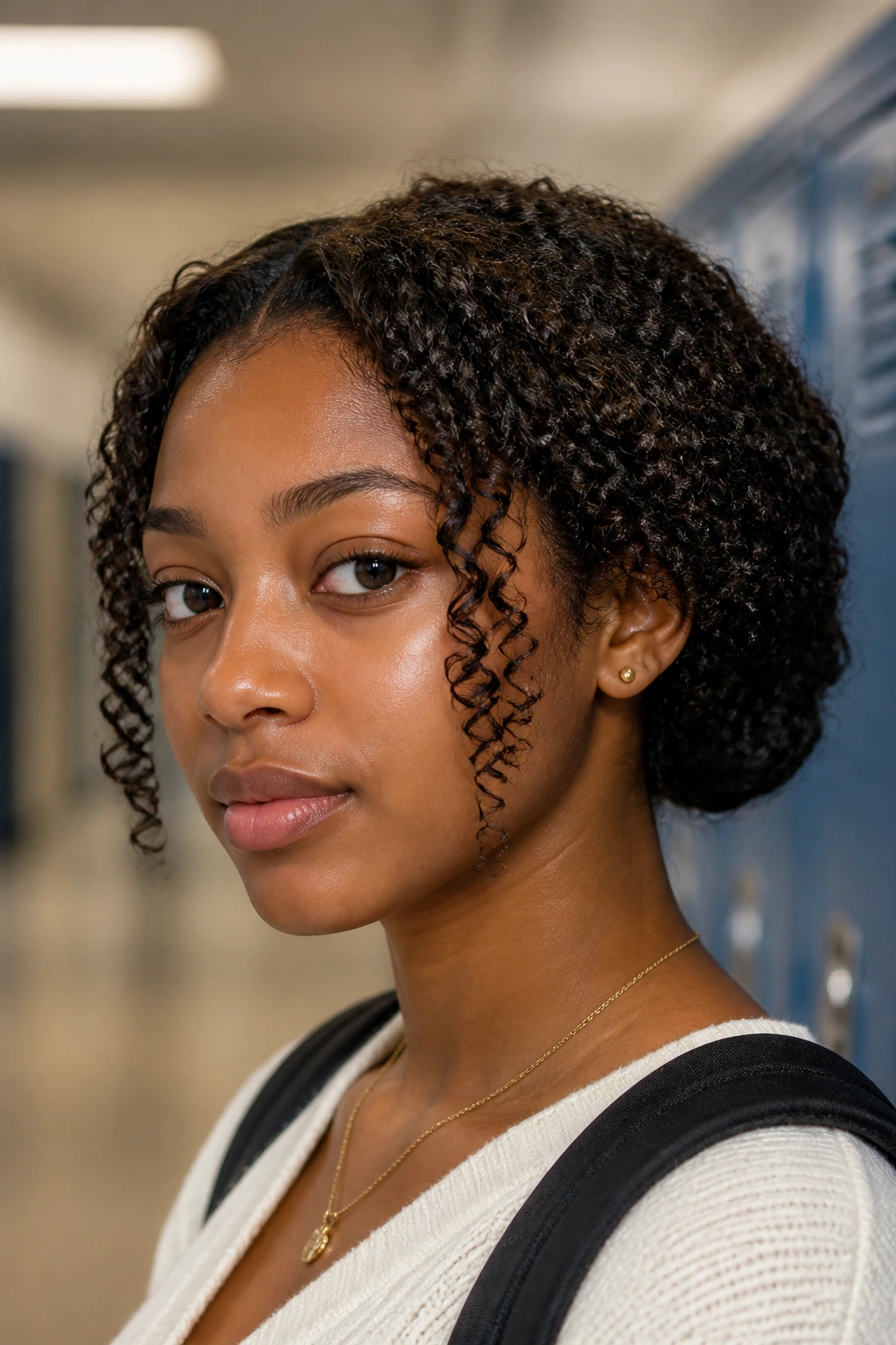 Close-up portrait of a person with tucked-under faux bob hairstyle