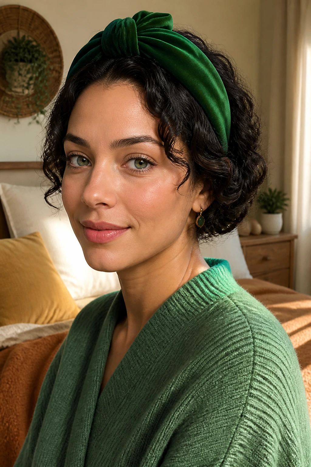 Portrait of a woman with a tucked-under faux bob and green headband.