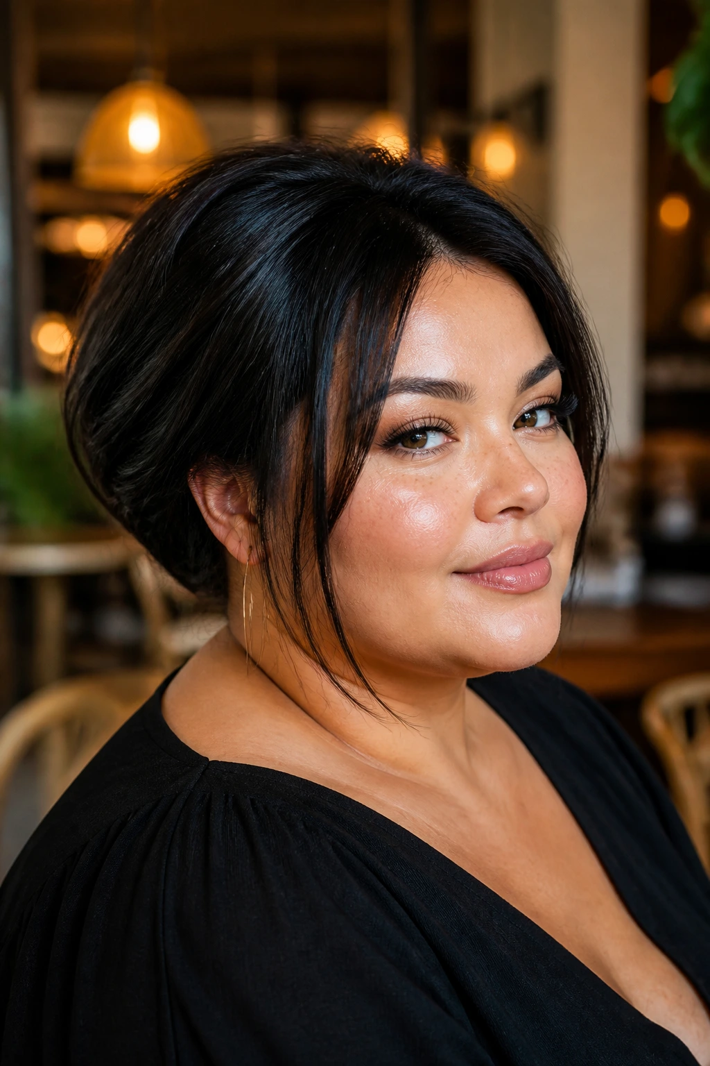 Close-up portrait of a real woman with a sleek faux bob tucked under at the nape