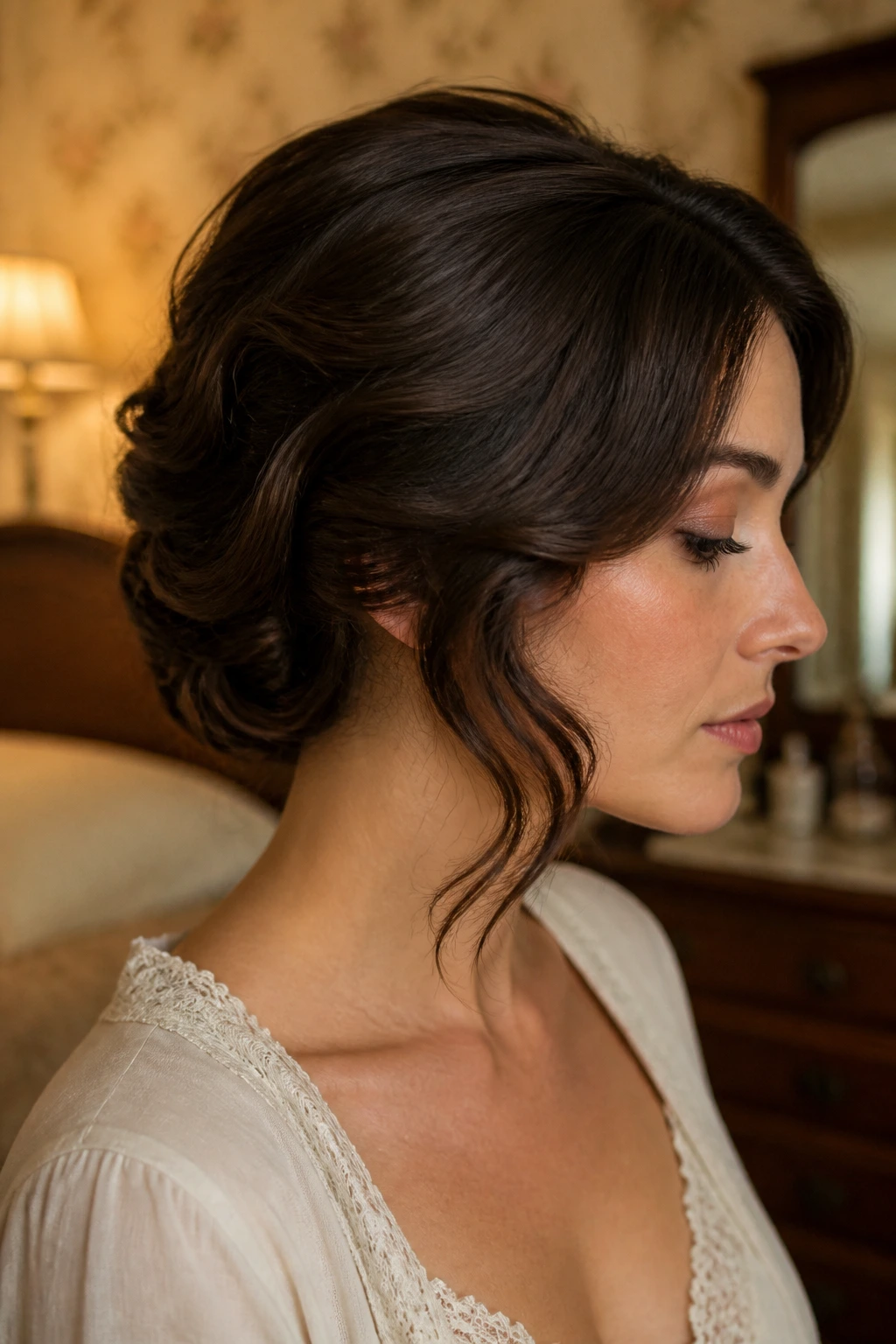 Close-up of a woman with a faux-bob created by tucking ends under the nape