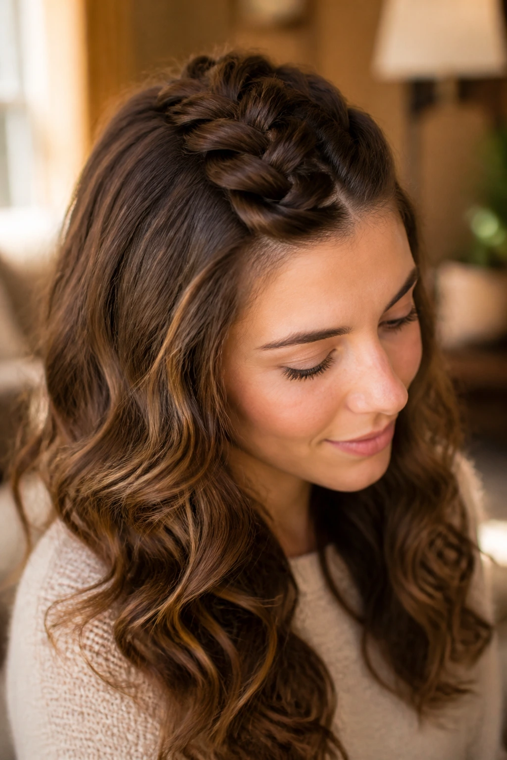 Close-up portrait of a real woman with a single-section faux braid on crown