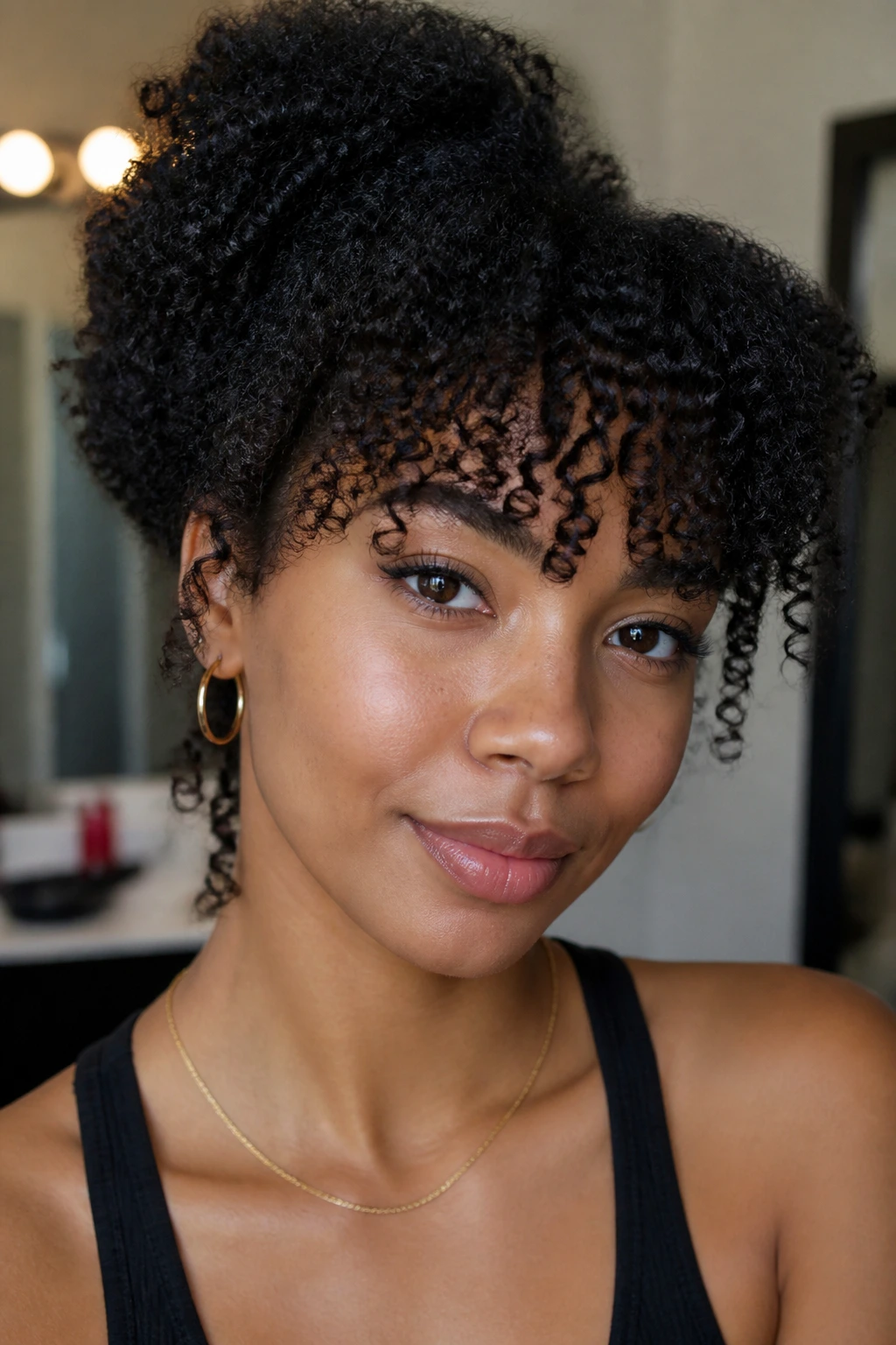 Close-up of real person wearing a clip-in curly fringe blended with natural hair