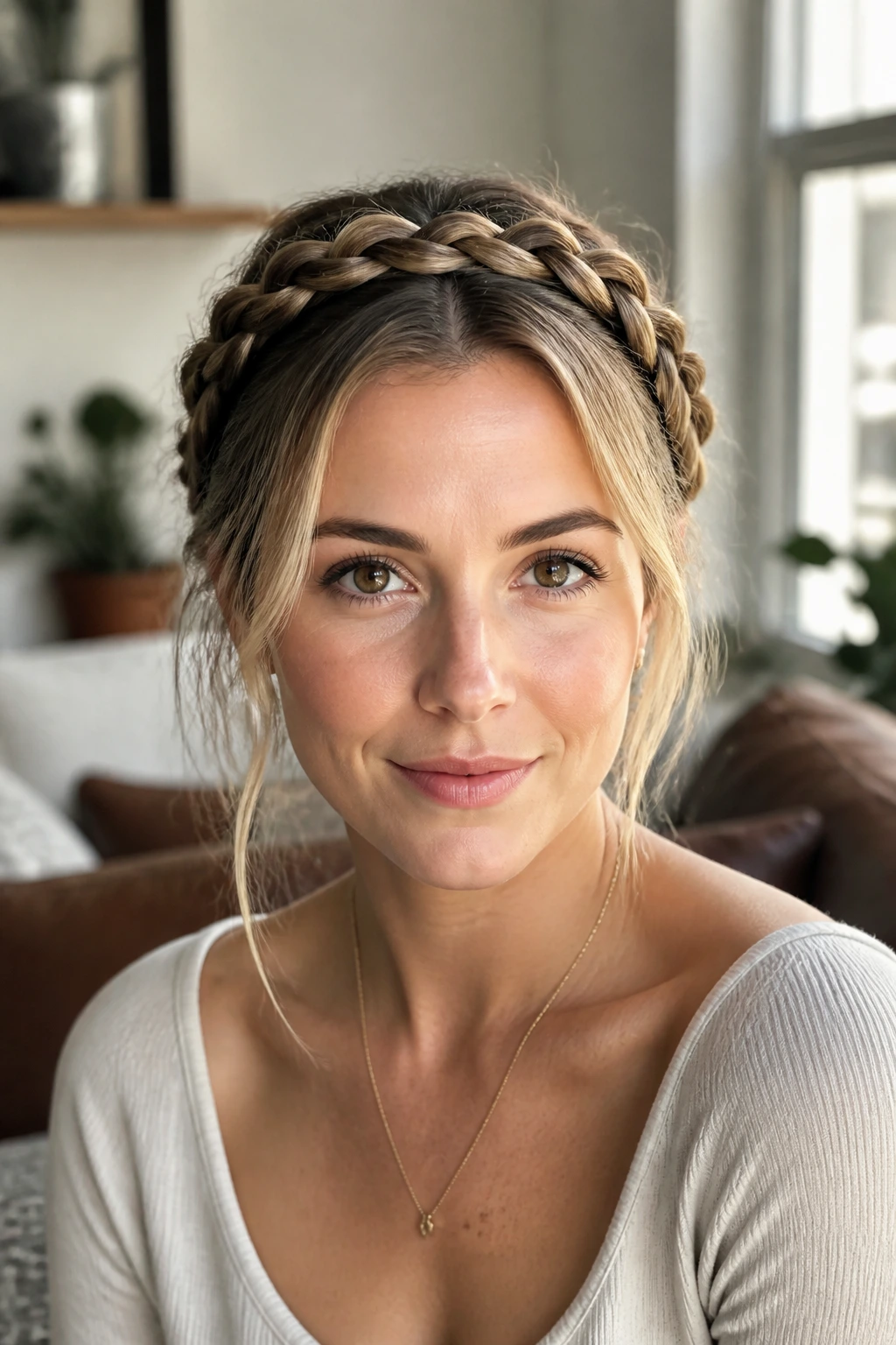 Front portrait of a real person with faux crown headband braids across the top.