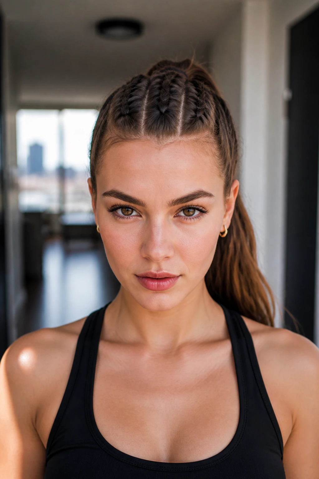 Close-up of a real woman with center braids forming a faux hawk and a ponytail