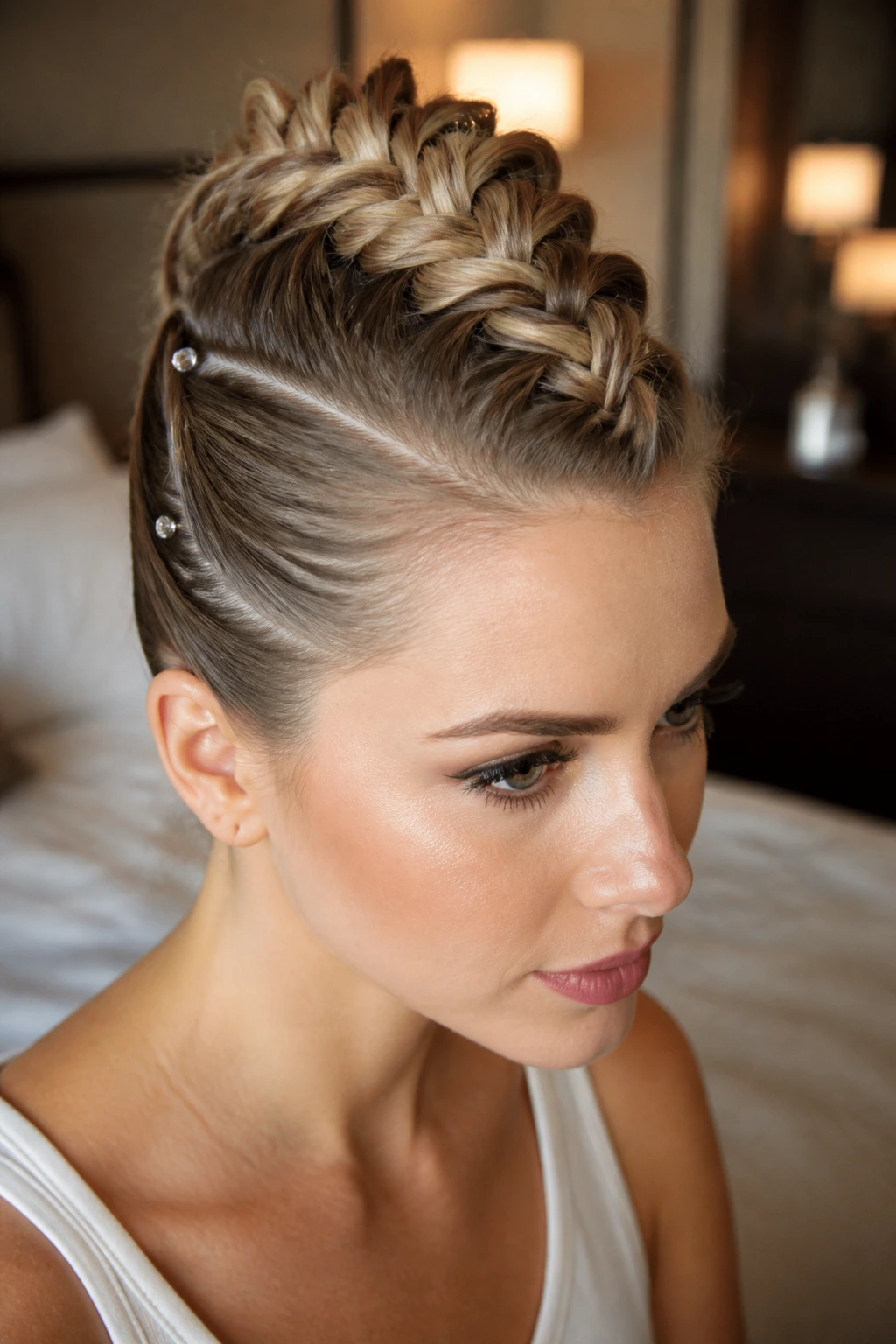 Close-up of a woman with a centered French braid and tight side sections in a faux-hawk style