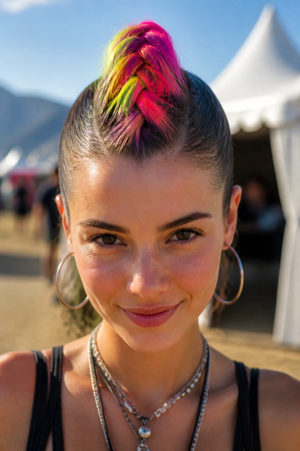 Close-up of a real person with a center faux hawk braid and neon color spray