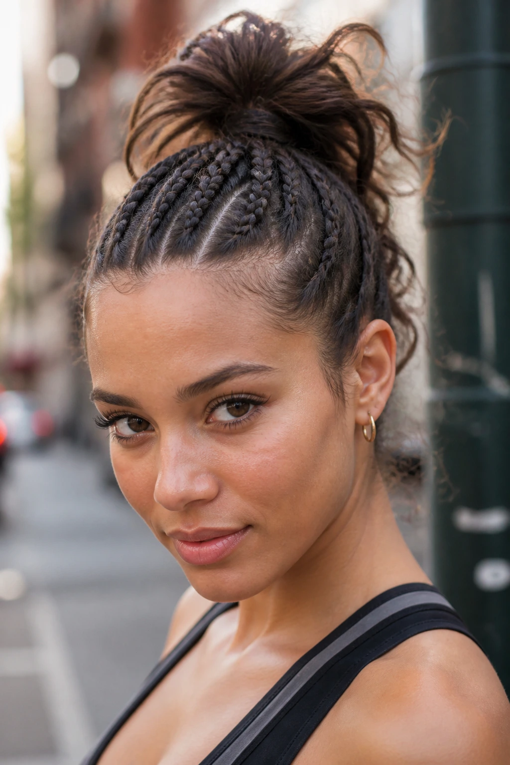 Close-up of a real person with three Dutch braids forming a faux-hawk toward the crown.