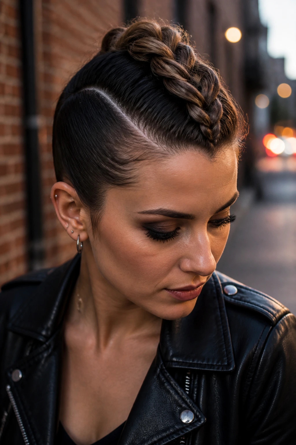 Portrait of a person with center French braid forming a faux-hawk silhouette.